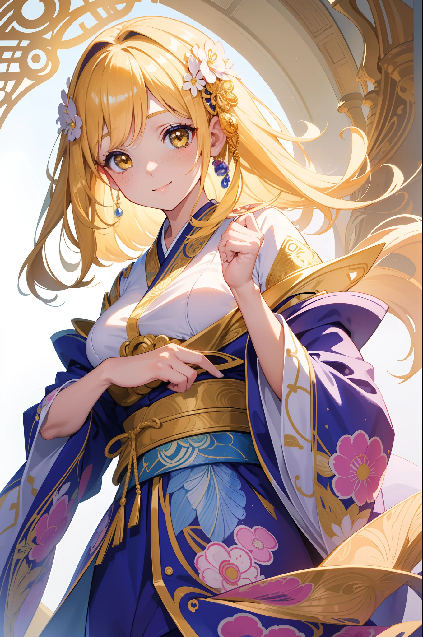 (masutepiece), (Best Quality), Illustration of a girl with freckles、blushed, Anime、 1. **Fashion**: Wearing Japan yukata or kimono clothes, 2. **hairstyle on**: tying her hair, Hair color is platina blonde, Transparent and shiny hair, 3. **Features**: (Big yellow crystal eyes), Characteristics of girls with soft features、Beautiful、Warm atmosphere, Intelligent Beatty, Beautiful, Smiling, Happy, Think about her boyfriend, Looking to the Viewer, 4. **accessorized**:Accessories play an important role to express her feelings, By drawing accessories with attention to detail、You can give your character personality. 5. **Background**: (White background:1.4), (shining brightly), ((Dazzling)), ((。.3D)), ((paper art:1.3)), (((Colorful tones))), (art nouveau illustration:1.3,Zentangle Art:1.3, paper art:1.4), (Reasonable design, Clear lines, High Sharpness, Best Quality, Very detailed, masutepiece, Movie Light Effects, 8K), (。.3D), Colorful, Happy,