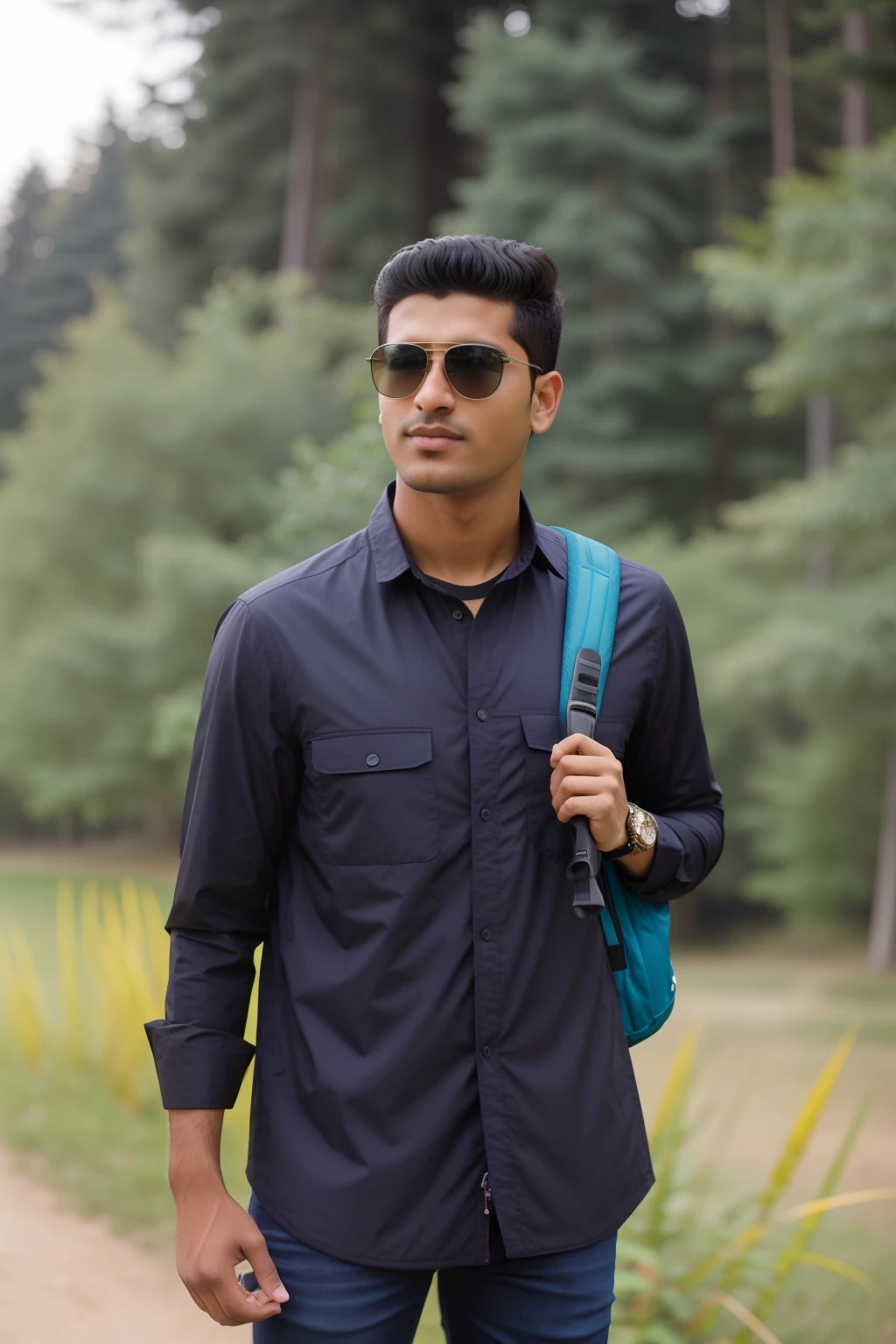 arafed man with sunglasses and a backpack standing in a park, with sunglass, mohamed chahin style, with lovely look, with accurate face, ayan nag, with a cool pose, student, in front of a forest background, taken with canon 8 0 d, nivanh chanthara, riyahd cassiem, mohamed chahin, casual photography, details, high quality, beautiful view, light, proper hair volume,boy beautiful haircut, ultra hair volume