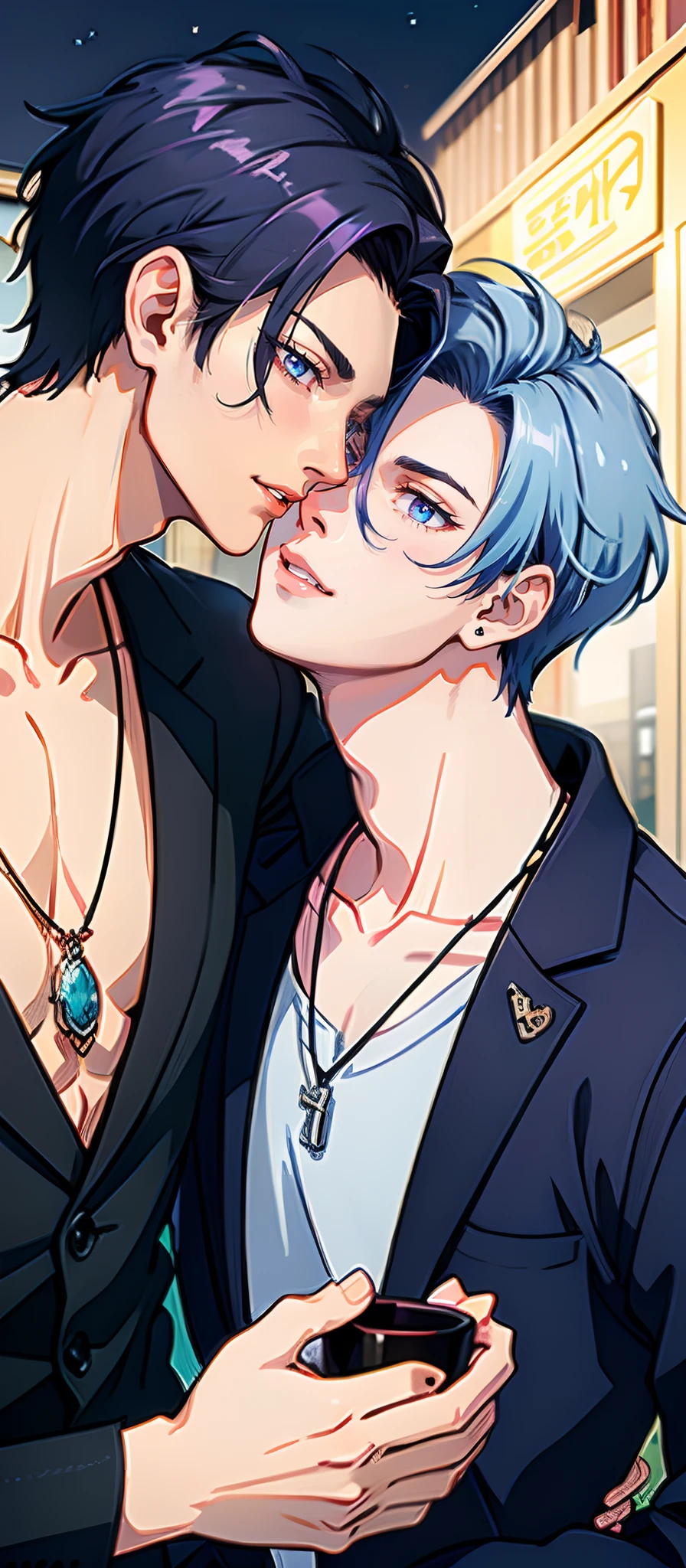 masterpiece, top-quality, 2Others, Male couple, 1 man and 1,, Adults, Height difference, different fashion, different color, finely eye and detailed face, intricate detailes, Casual clothing, Oversized shirt, Modern urban streets, A smile, Happiness, tenderness, queers, high-level image quality、 Two beautiful men、tall、The upper part of the body、nightfall、nighttime scene、𝓡𝓸𝓶𝓪𝓷𝓽𝓲𝓬、Two Men Kissing, Korean Male, Idol Photos, k pop, Professional Photos, Vampires, Korean fashion in black and white, Fedoman with necklace, inspired by Sim Sa-jeong, androgynous vampire, :9 detailed face: 8, extra detailed face, detailed punk hair, ((eyes are brown)) baggy eyes, Seductive. Highly detailed, semi realistic anime, Vampires, hyperrealistic teen, delicate androgynous prince, imvu, short hair above the ears, Man with short hair, Purple-haired man with a glaring expression and a man with light blue hair with a gentle expression, With a short-haired man with bright purple hair, Man with light blue hair, kiss together, Kissing each other,