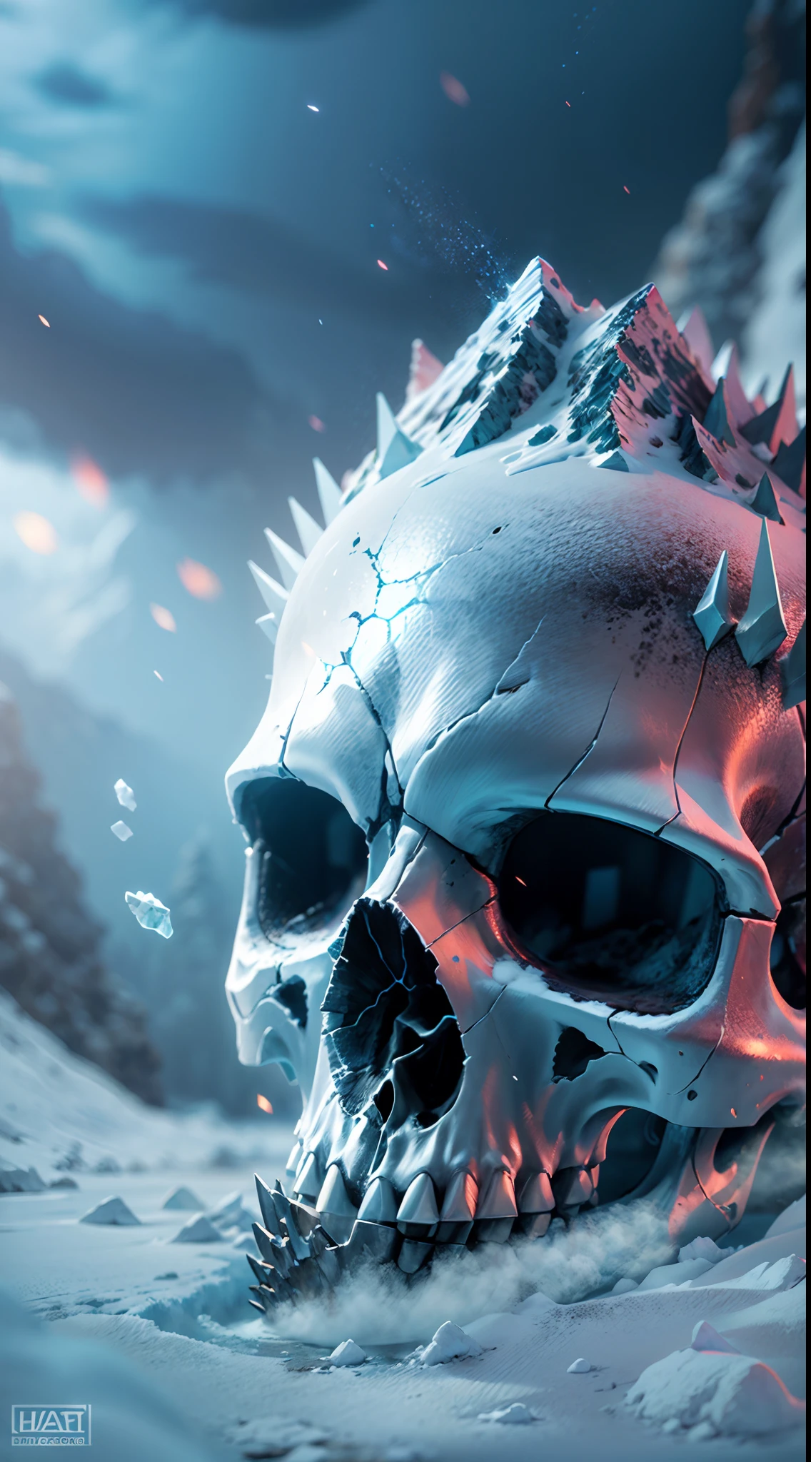 (best quality,4k,8k,highres,masterpiece:1.2), ultra-detailed,(realistic,photorealistic,photo-realistic:1.37), digital art, icy skull, open mouth, a snow ice mountain on the head of the skull as ahat, (snowy spike mountain on the head of the skull), super cool, digital medium, detailed cracks on the skull, frosty texture, hauntingly beautiful, surreal atmosphere, vibrant colors, dynamic lighting, sharp focus