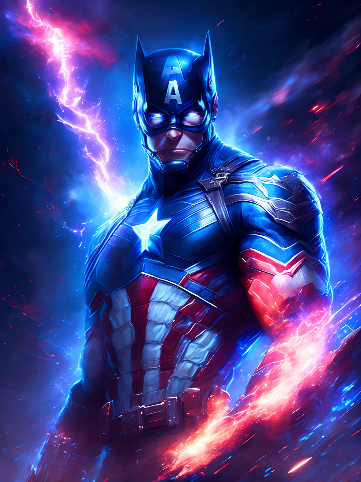 Marvel's Dark Portrait of God Captain America, extremamente detalhado, futuristic cityscape, noite, glowing neon lights, smoke billowing, Sparks, Metal shavings, detritos voadores, efeitos da energia azul, volumetric light