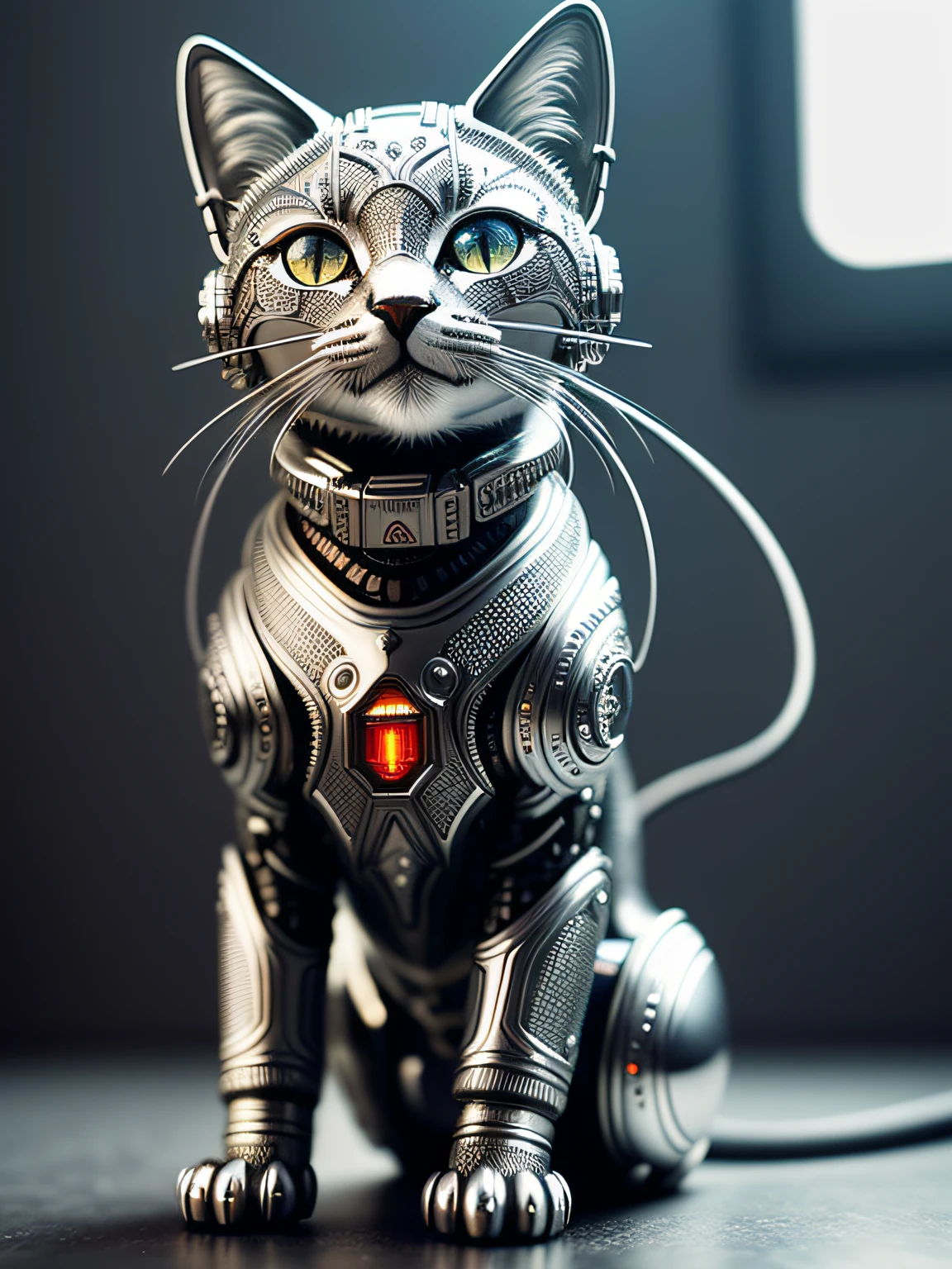 A modern metal kitten made out of metal, (cyborg:1.1), ([tail | detailed wire]:1.3), (intricate details), hdr, (intricate details, hyperdetailed:1.2), cinematic shot, centered