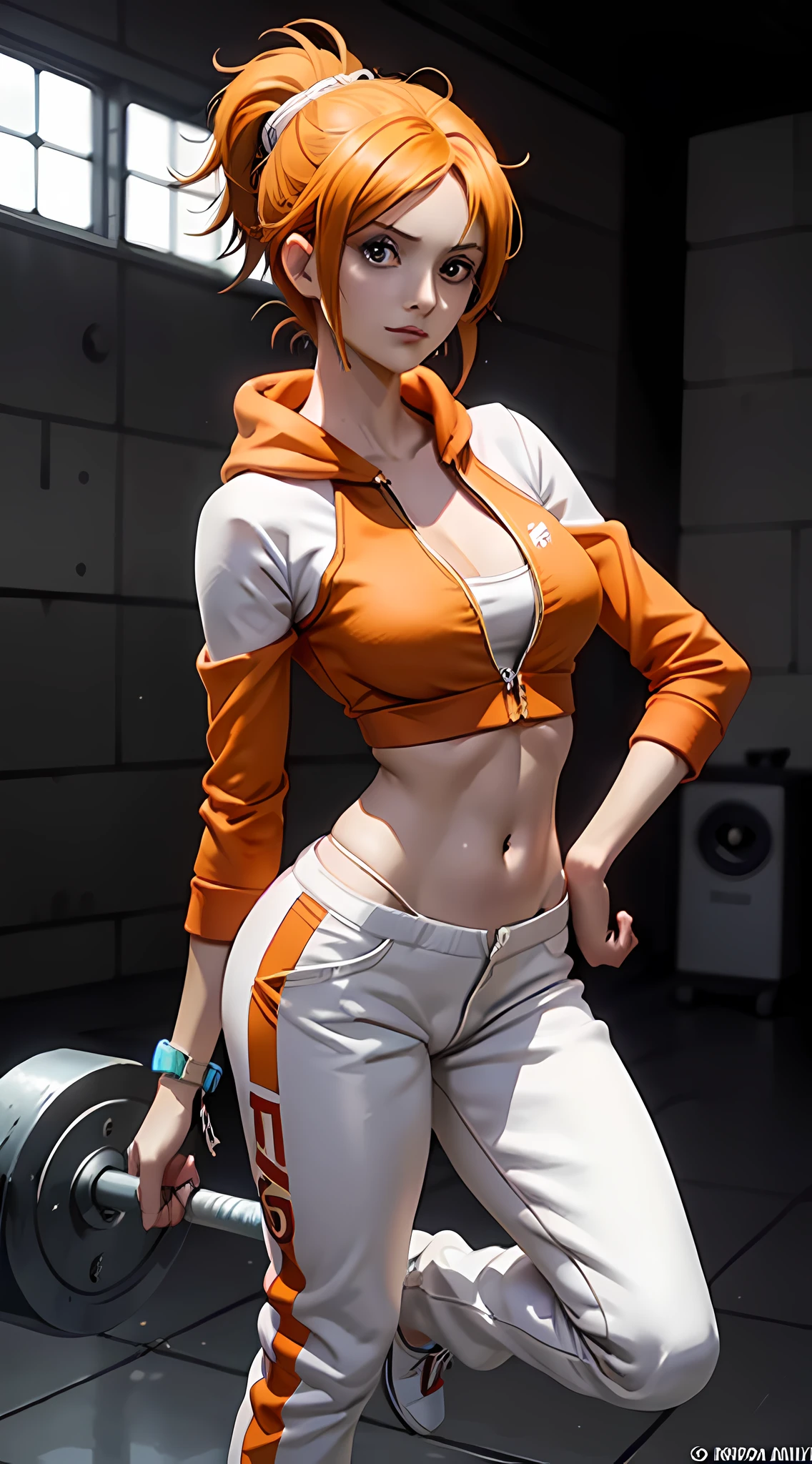 koala from the anime one piece, short hair, orange hair, ponytail, ponytail, beautiful woman, beautiful, perfect body, perfect breasts, wearing a white Adidas hoodie, black jogger pants, wearing white Nike Jordan shoes, at the gym, barbell, looking spectator, small smile, realism, masterpiece, textured skin, super detail, high detail, high quality, best quality, 1080p, 16k