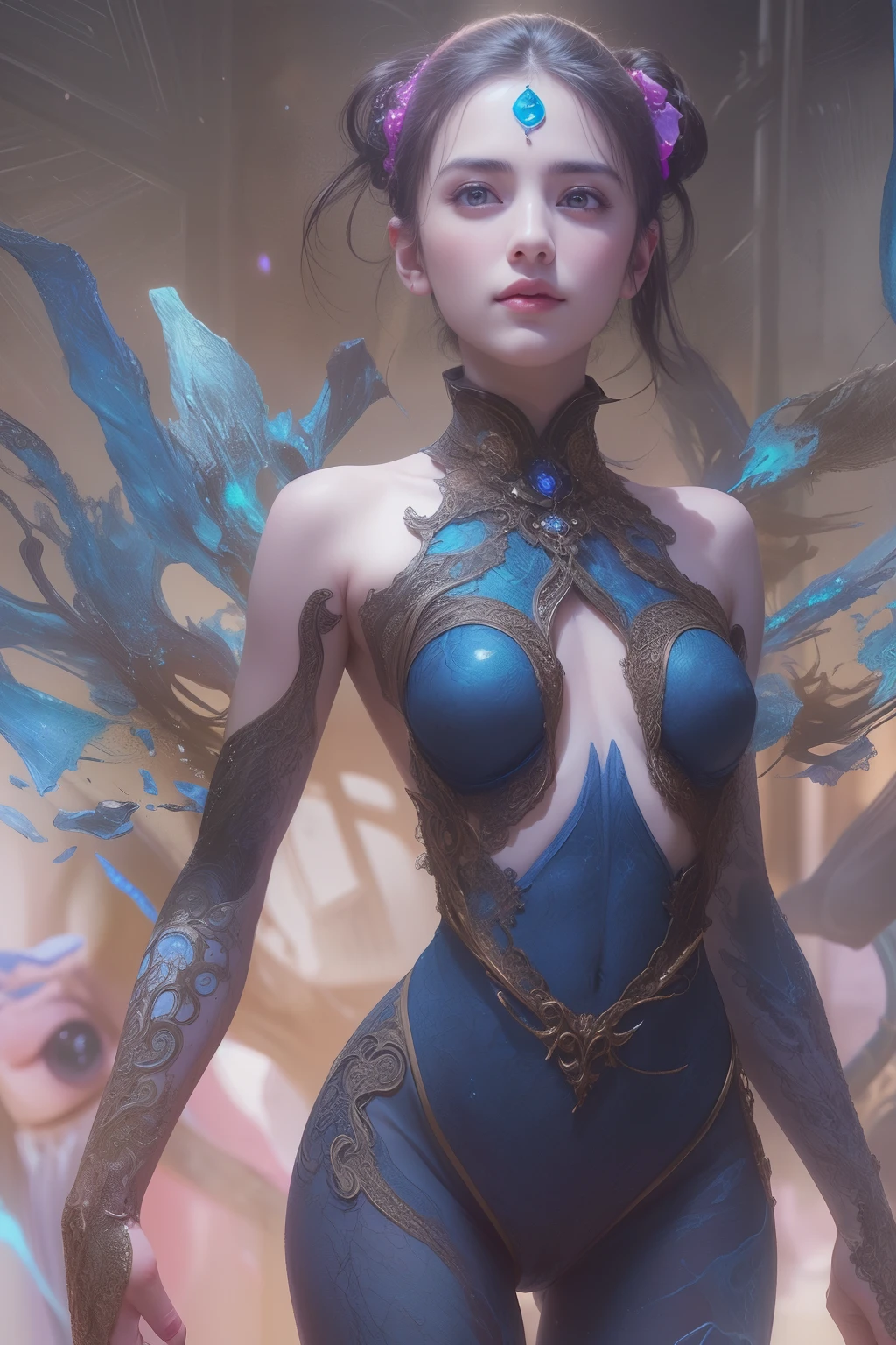 From Side, Photorealistic, Official art, Unity 8k wallpapr, 8K Portrait, Best Quality, Very high resolution, (Incredibly beautiful nature background:1.6), One girl, One beautiful age italian girl, sixteen years old, Obscene, (Sexy and glamorous:1.1), (A coquettish expression:1.6), (small breasts with raised pink areolas,:1.6), Vulgarity, (seductively smiling:1.2), (full body1.0), (erotic posing:1.5), (Magic Attack Pose:1.6),(magical effects like sparkles or energy:1.5), (Electric shock from hands:1.1), (Detailed blue bodysuit with beautiful fractal or marble design:1.5), (Beautiful and d delicate ruby, topaz, emerald and sapphire jewelry:1.45), Beautiful seductive face, Portrait, (Thick eyebrows:1.2), (Big purple eyes:1.2), Beautiful eyes with fine symmetry, (Ultra detailed eyes:1.4), (High resolution eyes:1.1), Intimate face, (ultra detailed skin texture:1.4), White skin, pale skin, Perfect Anatomy, Thin, (Beautiful toned body:1.1), Hair Bow, (Moist skin:1.1), full of sweat, No makeup, dark circles, Good anatomy, Focus Face, goodlooking, (Emilia Clark:0.6) (Emma watson:0.3),(Jennifer Connelly:0.4), (sensual face:1.5), Elegant face, Nice, Dolce, Cyberpunk Sci-Fi, (Gauntlets with intricate and beautiful designs:1.2), Blurred background, Blurred foreground, depth of fields, (Motion Blur:1.1), Complex and colorful biomechanical bodysuit, Zentangle, mandalas, Entangled, (Small breasts:1.2), Sheer breast, (Beautiful :1.2), (NSFW:1.2), large hips, drivel, Juice stain, grabbing on breasts