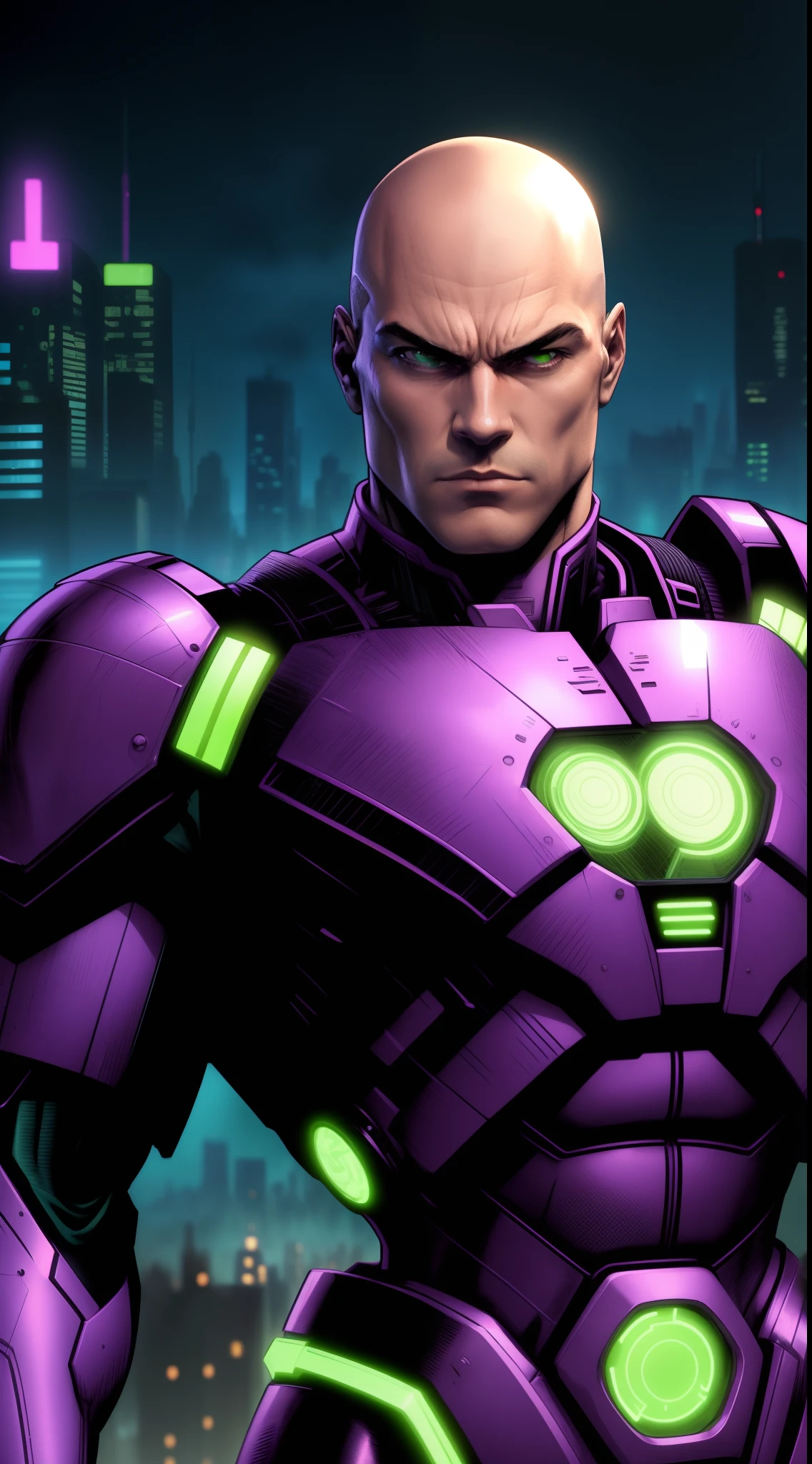 1 man, solo, upper body shot, Lex Luthor, middle-aged man, tall, bald head, square jawline, lean muscle, broad shoulder, emotionless face, bald head, no hair, wearing a giant dark dark purple and neon green high tech mech warsuit  lines, Metropolis city in the background, dusk,