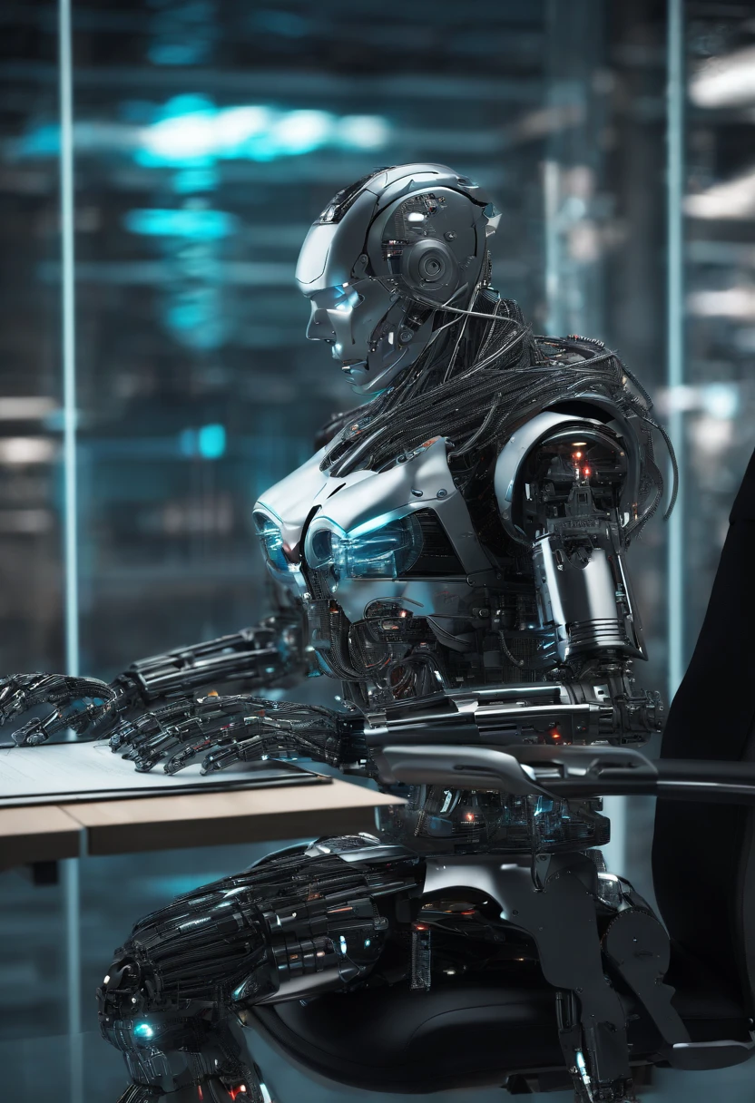 a robot, com corpo translucido, sitting at a desk with a pen in his hand, escrevendo no livro, na sala com livros, wide vision, ultra realista, altamente detalhado, pintura digital, arte conceitual, suave, foco nítido, tiro grande angular