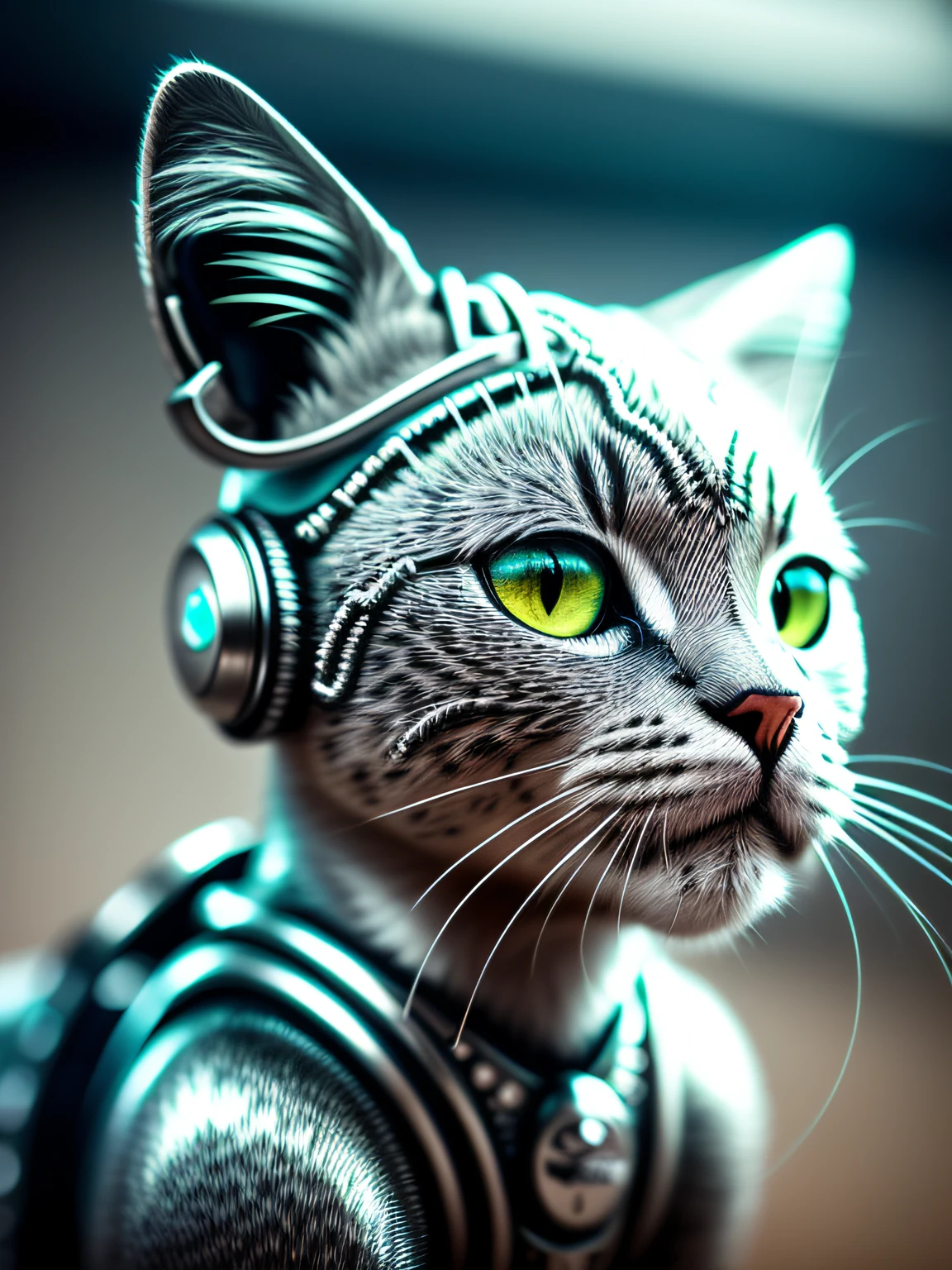 A modern metal kitten made out of titanium, (cyborg:1.1), ([tail | detailed wire]:1.3), (intricate details), hdr, (intricate details, hyperdetailed:1.2), cinematic shot, centered