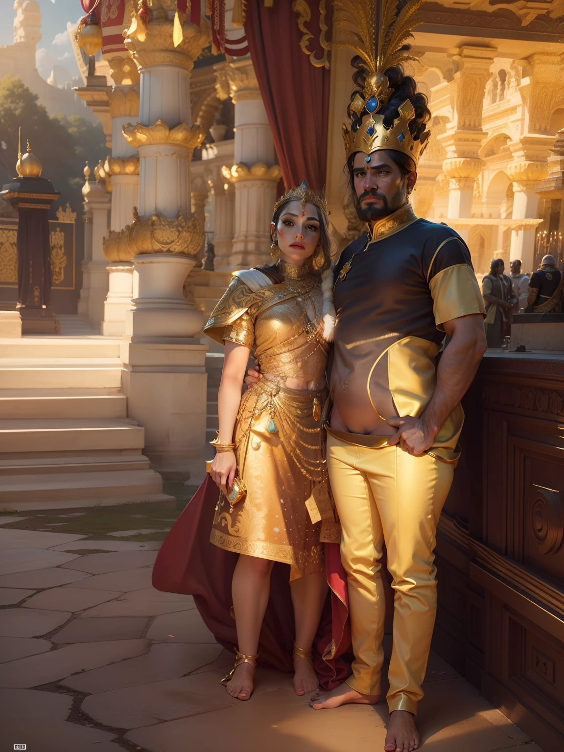 Change this background butiful kingdom, ultra realistic graphics, intelligent analysis on face, ultra realistic face, 4k graphic, intelligent analysis on pose, ultra realistic face, left side is queen and right side is king, Indian tredisnal dresses, butiful golden crown on the king, butiful White crown on queen ,king have fit body