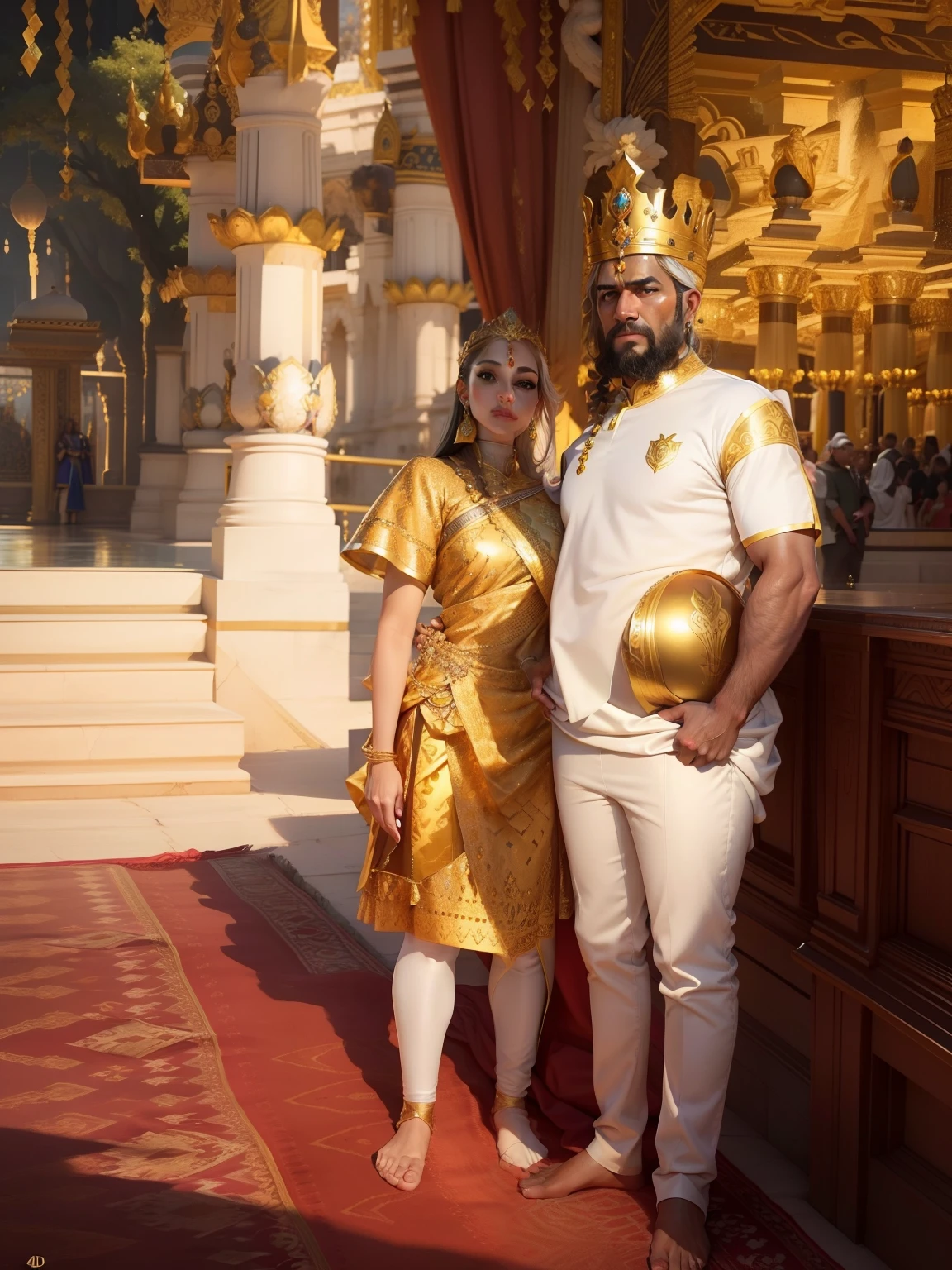 Change this background butiful kingdom, ultra realistic graphics, intelligent analysis on face, ultra realistic face, 4k graphic, intelligent analysis on pose, ultra realistic face, left side is queen and right side is king, Indian tredisnal dresses, butiful golden crown on the king, butiful White crown on queen ,king have fit body
