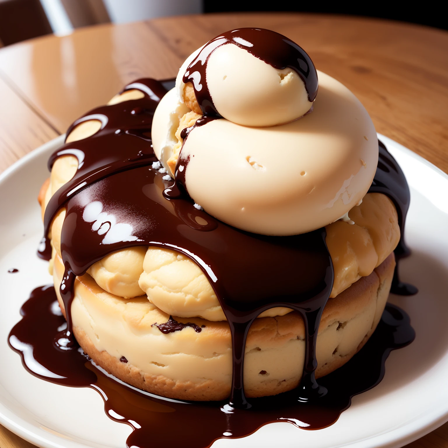 Chocolate Cream puff, fudge sauce and ice cream