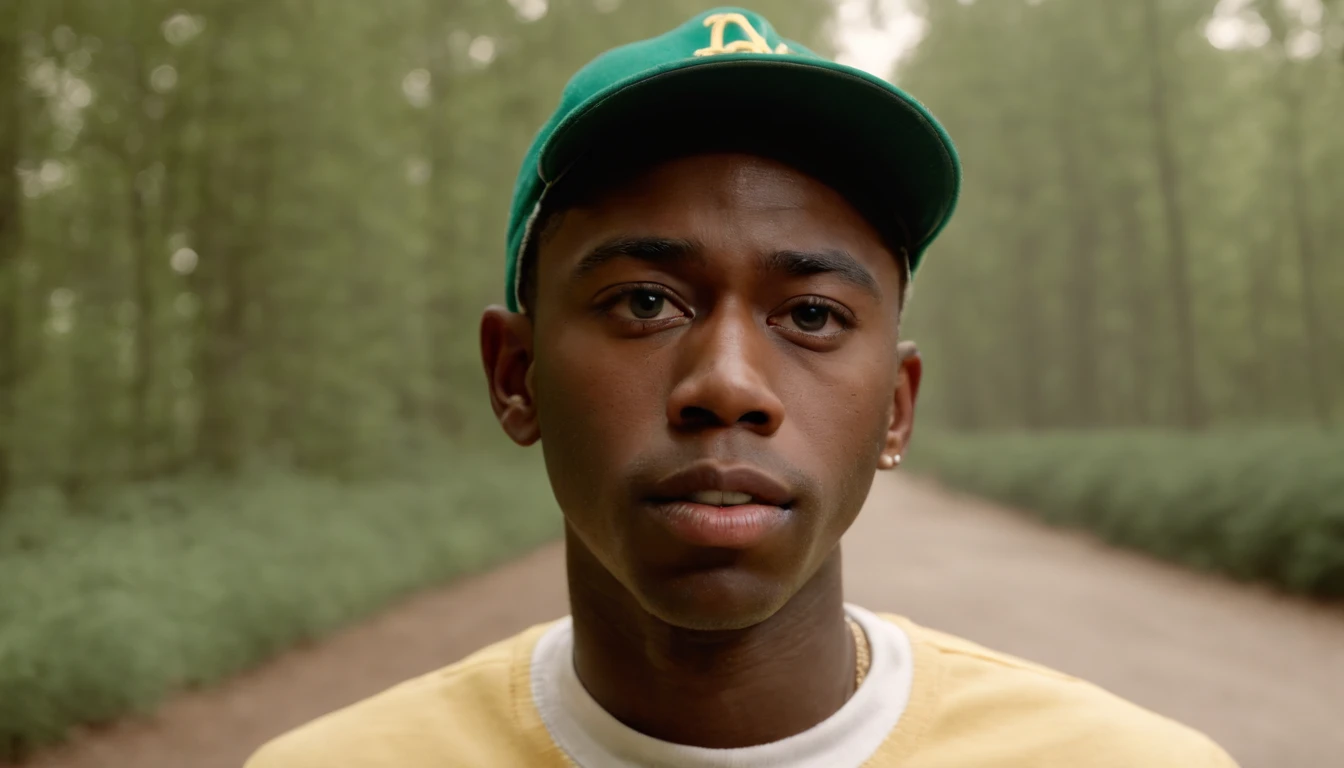best quality,8k,ultra-detailed,(realistic:1.37),portrait of (((Tyler The Creator))),pensive expression,dark background,unique style,captivating eyes,carefully curated outfit,vivid colors,studio lighting,masterpiece:1.2
