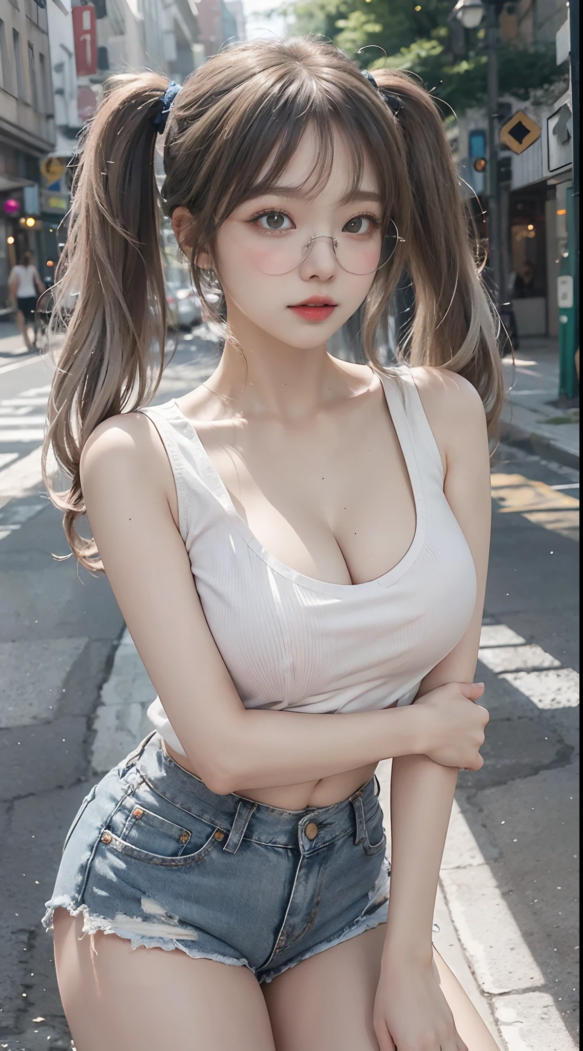 Top image quality、Raw photography、超A high resolution、18-year-old Korean、Glasses beauty、Colossal tits:1.5、cleavage of the breast:1.5、Healthy complexion、shiny white skin、((twintails))、((Light brown silver hair))、Beautiful eyes with random colors、very thin lips、beautiful eyes finely detailed、elongated eyes、pale pink blush、long eyeslashes、Beautiful double eyelids、eyeshadows、耳Nipple Ring、(Fashionable glasses、White tight tank top、denim short pants、Beautiful legs、Attractive thighs)、street snap、moderate leg thickness、Shot with emphasis on the legs、is standing、Photograph the whole body、Emphasize cleavage