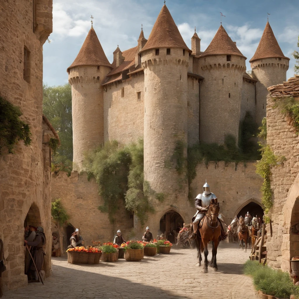 a detailed illustration of a medieval castle, vibrant and vivid colors, stunning and realistic details, exquisite stone textures and intricate architectural elements, perfect lighting and shadows, the castle surrounded by a lush green landscape with rolling hills and tall trees, a crystal clear moat reflecting the castle's grandeur, brave knights in shining armor, with elaborate helmets and shields, mounted on majestic horses, the knights engaged in a jousting tournament, the sound of hooves echoing through the air, a fair maiden standing on the castle balcony with flowing golden hair, beautiful and colorful medieval tapestries hanging on the castle walls, a bustling medieval market outside the castle walls, filled with merchants selling their wares and villagers going about their daily lives, the aroma of freshly baked bread and simmering stews filling the air, a sense of excitement and adventure permeating the atmosphere, transporting viewers back to the romantic and captivating Middle Ages. (best quality, realistic, HDR, ultra-detailed), medieval architecture, knights, landscapes, vibrant colors, castle scenery, jousting tournament, fair maiden, medieval tapestries, bustling market, villagers, medieval atmosphere