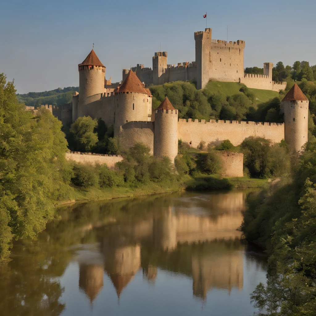 a detailed illustration of a medieval castle, vibrant and vivid colors, stunning and realistic details, exquisite stone textures and intricate architectural elements, perfect lighting and shadows, the castle surrounded by a lush green landscape with rolling hills and tall trees, a crystal clear moat reflecting the castle's grandeur, brave knights in shining armor, with elaborate helmets and shields, mounted on majestic horses, the knights engaged in a jousting tournament, the sound of hooves echoing through the air, a fair maiden standing on the castle balcony with flowing golden hair, beautiful and colorful medieval tapestries hanging on the castle walls, a bustling medieval market outside the castle walls, filled with merchants selling their wares and villagers going about their daily lives, the aroma of freshly baked bread and simmering stews filling the air, a sense of excitement and adventure permeating the atmosphere, transporting viewers back to the romantic and captivating Middle Ages. (best quality, realistic, HDR, ultra-detailed), medieval architecture, knights, landscapes, vibrant colors, castle scenery, jousting tournament, fair maiden, medieval tapestries, bustling market, villagers, medieval atmosphere