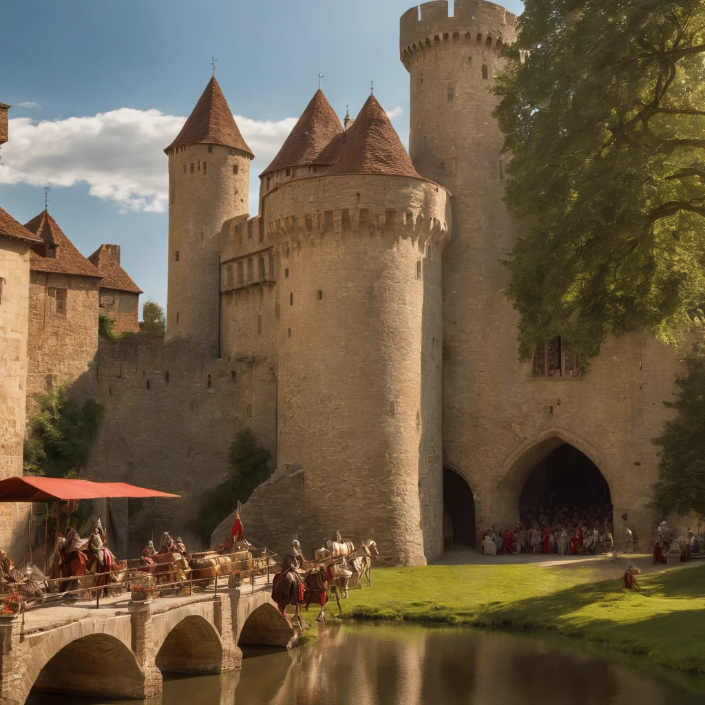 a detailed illustration of a medieval castle, vibrant and vivid colors, stunning and realistic details, exquisite stone textures and intricate architectural elements, perfect lighting and shadows, the castle surrounded by a lush green landscape with rolling hills and tall trees, a crystal clear moat reflecting the castle's grandeur, brave knights in shining armor, with elaborate helmets and shields, mounted on majestic horses, the knights engaged in a jousting tournament, the sound of hooves echoing through the air, a fair maiden standing on the castle balcony with flowing golden hair, beautiful and colorful medieval tapestries hanging on the castle walls, a bustling medieval market outside the castle walls, filled with merchants selling their wares and villagers going about their daily lives, the aroma of freshly baked bread and simmering stews filling the air, a sense of excitement and adventure permeating the atmosphere, transporting viewers back to the romantic and captivating Middle Ages. (best quality, realistic, HDR, ultra-detailed), medieval architecture, knights, landscapes, vibrant colors, castle scenery, jousting tournament, fair maiden, medieval tapestries, bustling market, villagers, medieval atmosphere