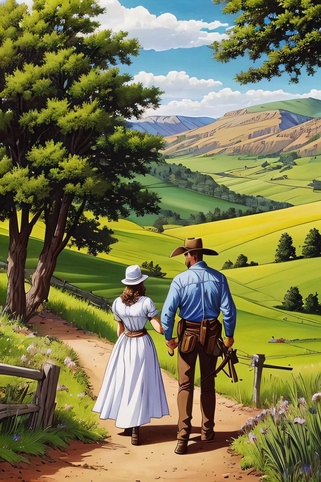 there is an old western man and woman standing and embracing under a tree on a hill looking down at a farm and stream and trees and flowers in a valley, western comic book style, western comic art, western comic book art, inspired western comic, western comic style, ( art fitzpatrick ), full color illustration, western comic, inspired by Mort Artists, in the old west, by David B. Mattingly, overlooking a valley, western background
