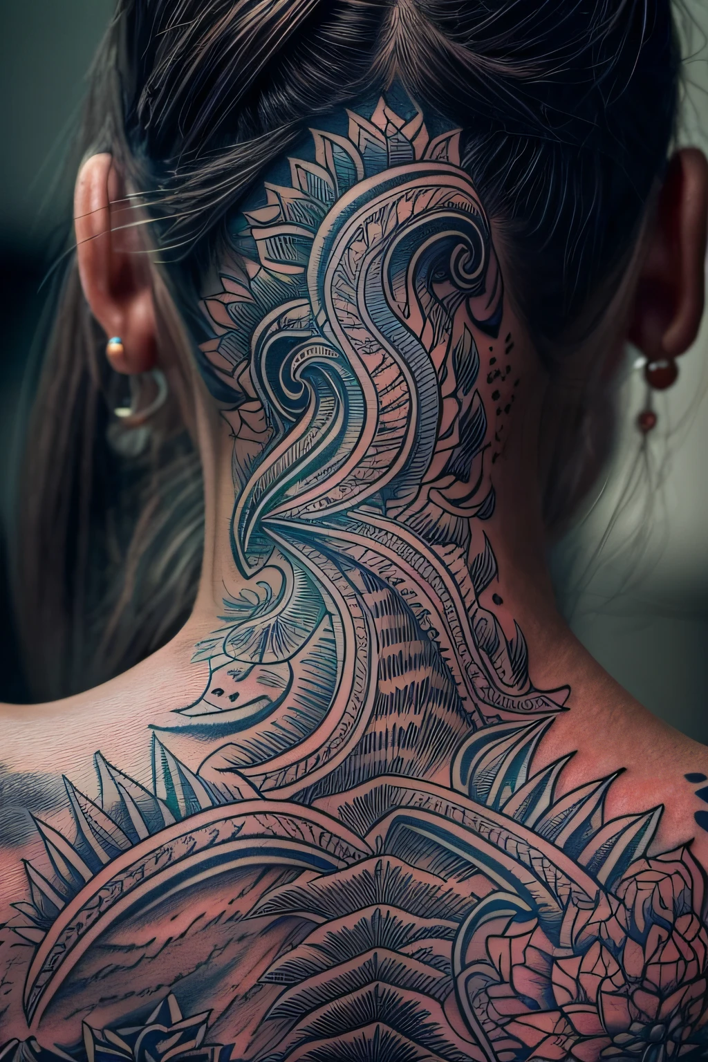 photo of detailed intricate back tattoo of godzilla face close, woman's back, flash photography, dark nightclub