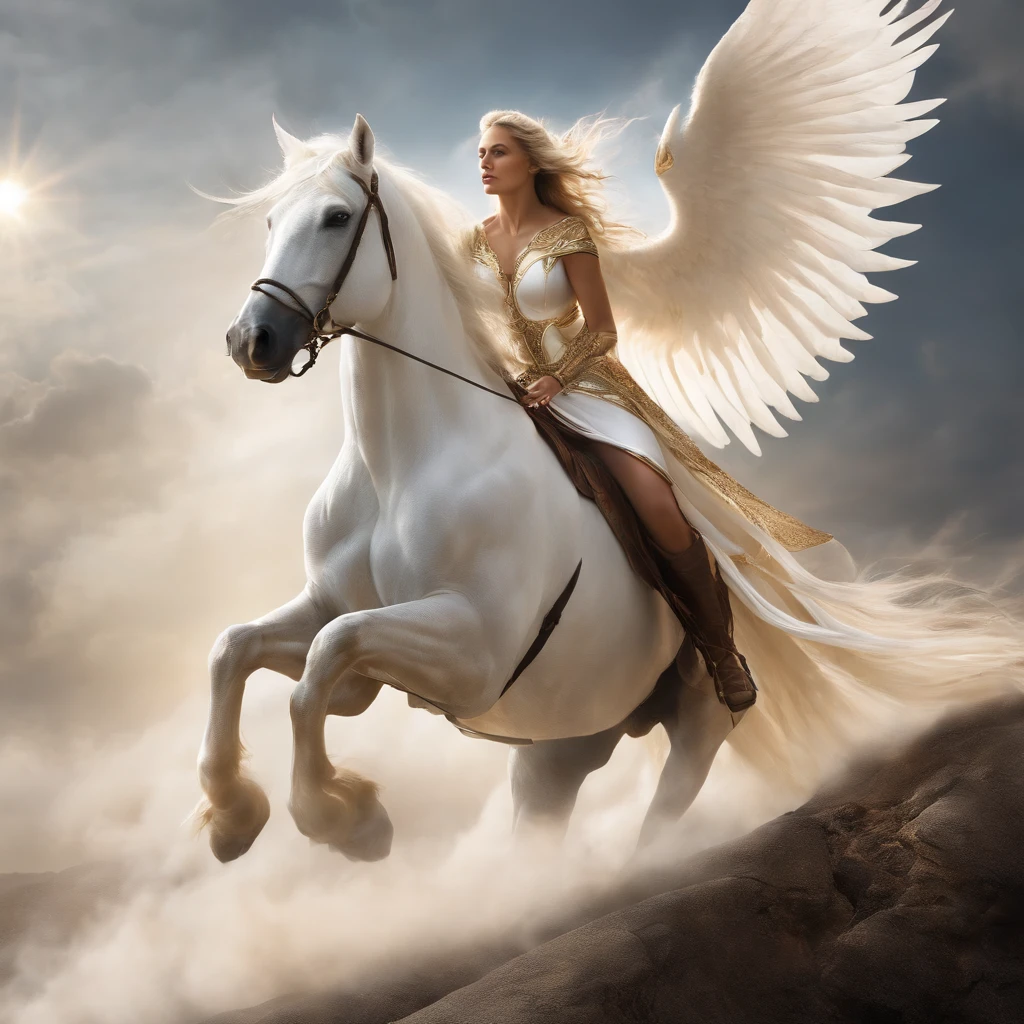 The image shows a determined queen of elves riding atop a magnificent white winged stallion through the bright, white sky. The queen's long, flowing hair glows in the sunlight as she utilizes her incredible power to shape flames with her bare hands. The stallion's wings stretch out majestically behind them as they soar through the clouds, leaving a trail of white mist in their wake. The overall effect is one of strength, power, and magic, as the queen confidently and fearlessly rides through the sky, reigning over her kingdom of elves below.