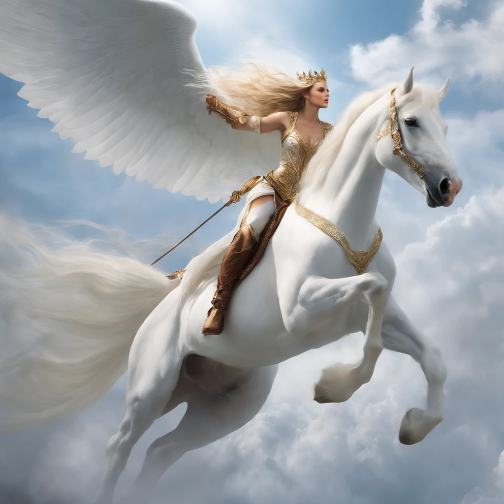 The image shows a determined queen of elves riding atop a magnificent white winged stallion through the bright, white sky. The queen's long, flowing hair glows in the sunlight as she utilizes her incredible power to shape flames with her bare hands. The stallion's wings stretch out majestically behind them as they soar through the clouds, leaving a trail of white mist in their wake. The overall effect is one of strength, power, and magic, as the queen confidently and fearlessly rides through the sky, reigning over her kingdom of elves below.