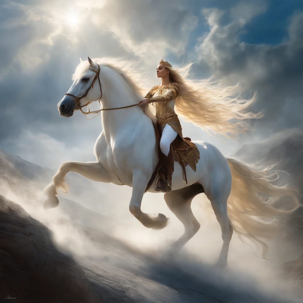 The image shows a determined queen of elves riding atop a magnificent white winged stallion through the bright, white sky. The queen's long, flowing hair glows in the sunlight as she utilizes her incredible power to shape flames with her bare hands. The stallion's wings stretch out majestically behind them as they soar through the clouds, leaving a trail of white mist in their wake. The overall effect is one of strength, power, and magic, as the queen confidently and fearlessly rides through the sky, reigning over her kingdom of elves below.