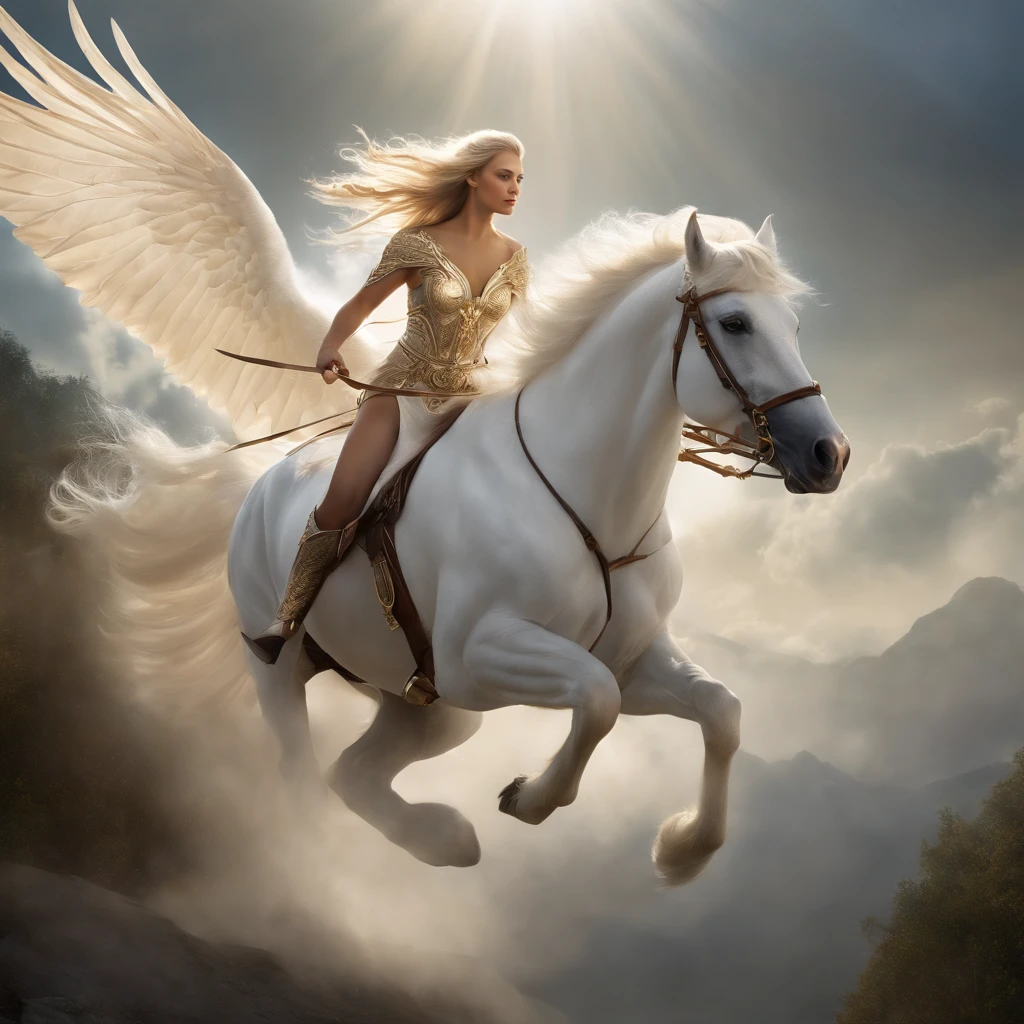 The image shows a determined queen of elves riding atop a magnificent white winged stallion through the bright, white sky. The queen's long, flowing hair glows in the sunlight as she utilizes her incredible power to shape flames with her bare hands. The stallion's wings stretch out majestically behind them as they soar through the clouds, leaving a trail of white mist in their wake. The overall effect is one of strength, power, and magic, as the queen confidently and fearlessly rides through the sky, reigning over her kingdom of elves below.