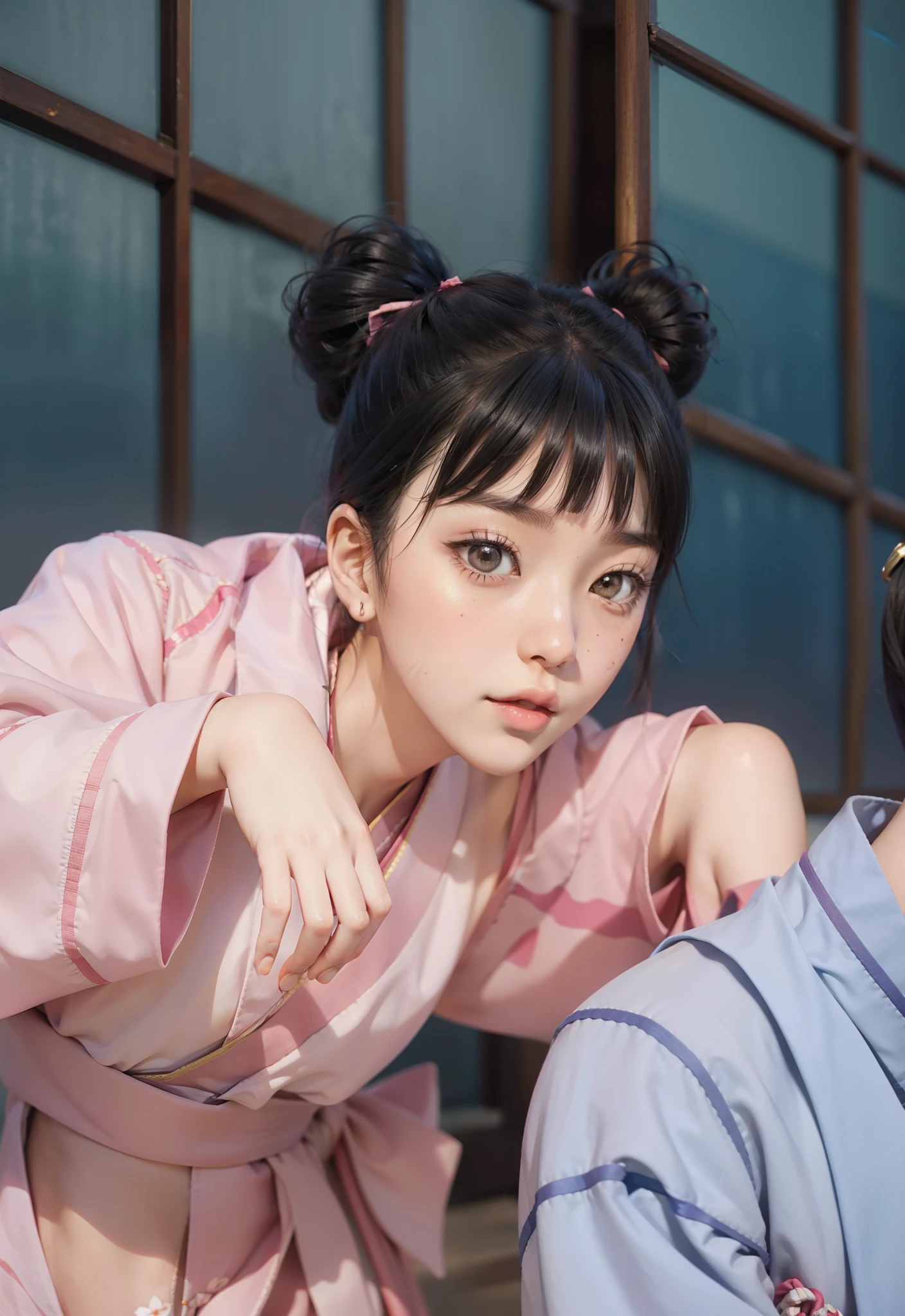 Real life adaption of this character,her name is tenten from anime Naruto,hyper realistic,realistic pink kimono with ribbon belt around her waist,chinese beauty face,realistic light,realistic shadow,realism,realistic hair with Bangs cut neatly,(photorealistic:1.2)