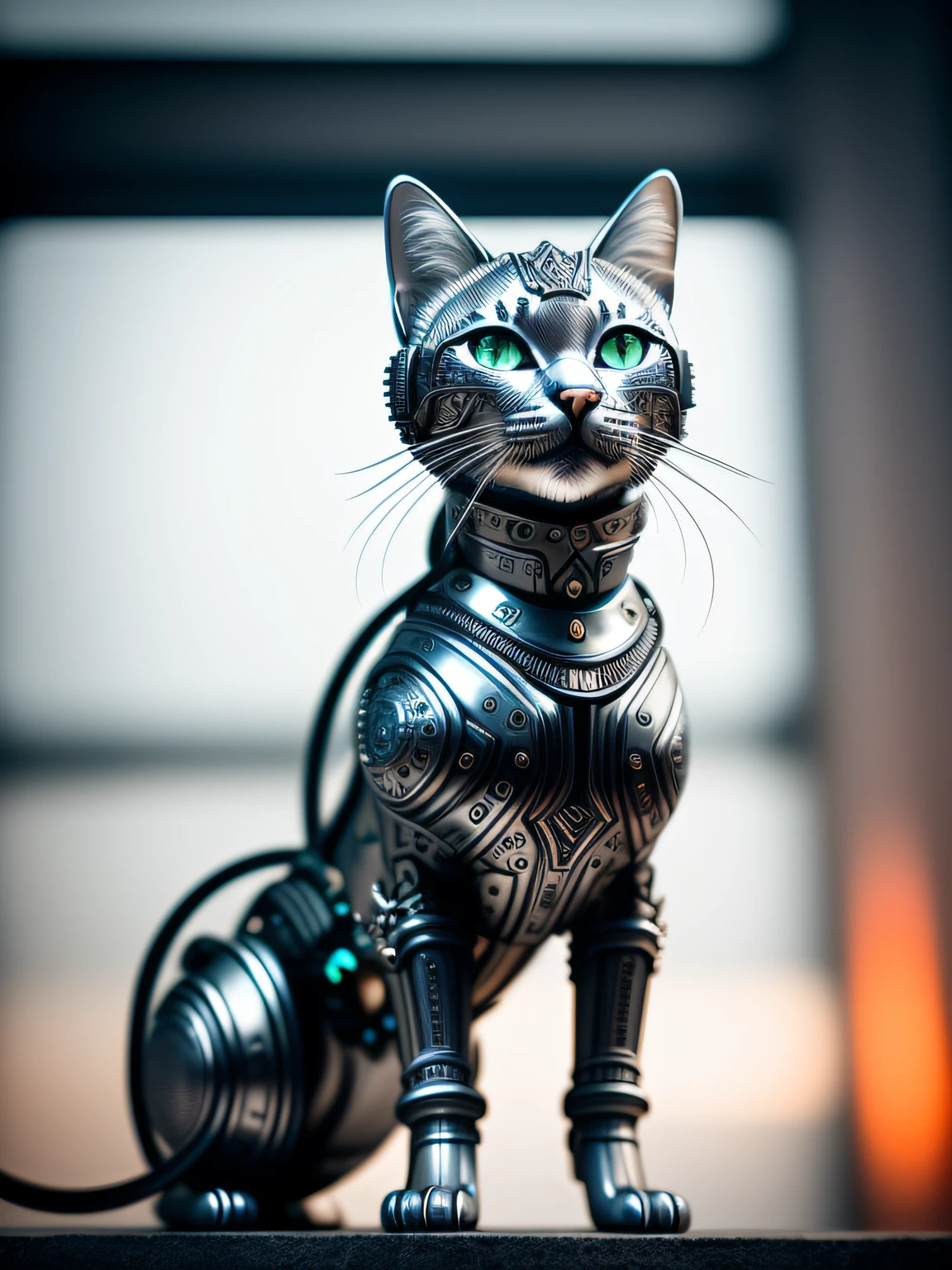 A modern metal kitten made out of titanium, (cyborg:1.1), ([tail | detailed wire]:1.3), (intricate details), hdr, (intricate details, hyperdetailed:1.2), cinematic shot, centered