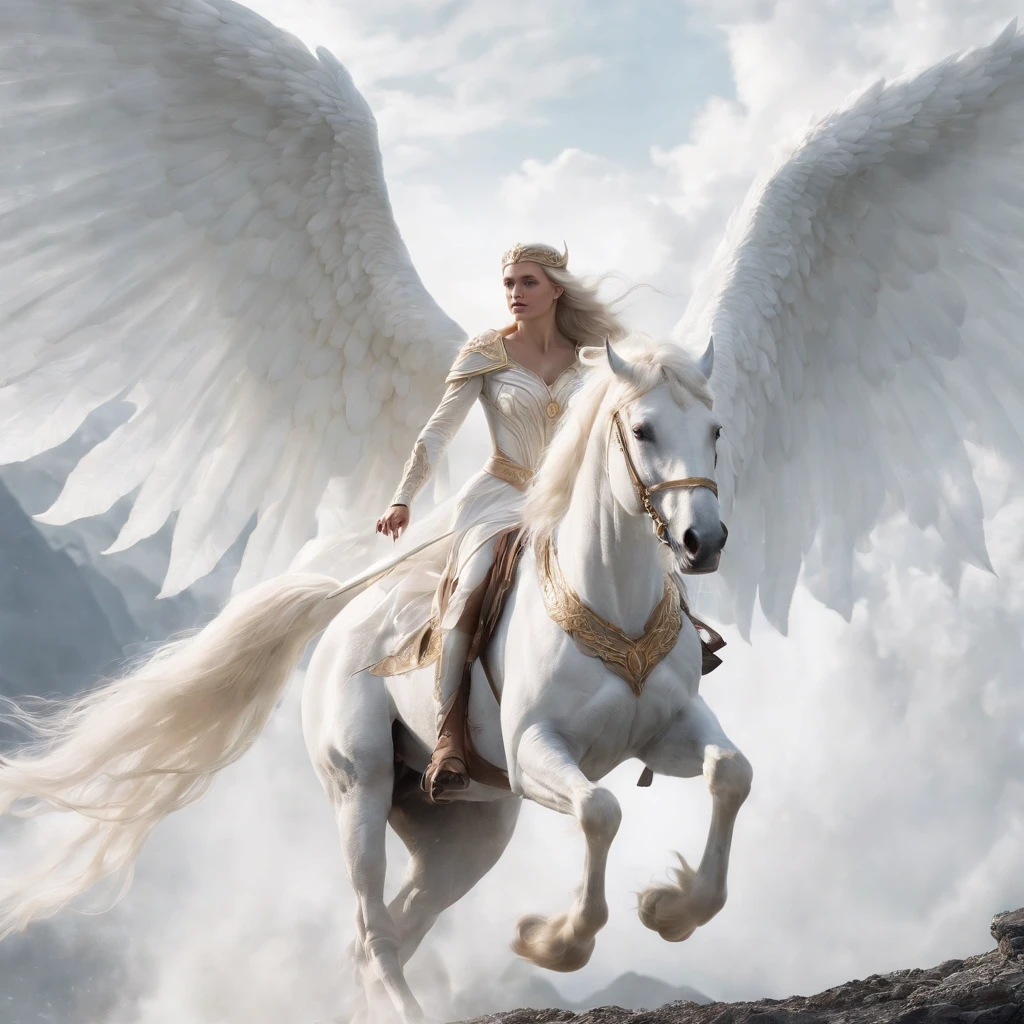 The image shows a determined queen of elves riding atop a magnificent white winged stallion through the bright, white sky. The queen's long, flowing hair glows in the sunlight as she utilizes her incredible power to shape flames with her bare hands. The stallion's wings stretch out majestically behind them as they soar through the clouds, leaving a trail of white mist in their wake. The overall effect is one of strength, power, and magic, as the queen confidently and fearlessly rides through the sky, reigning over her kingdom of elves below.