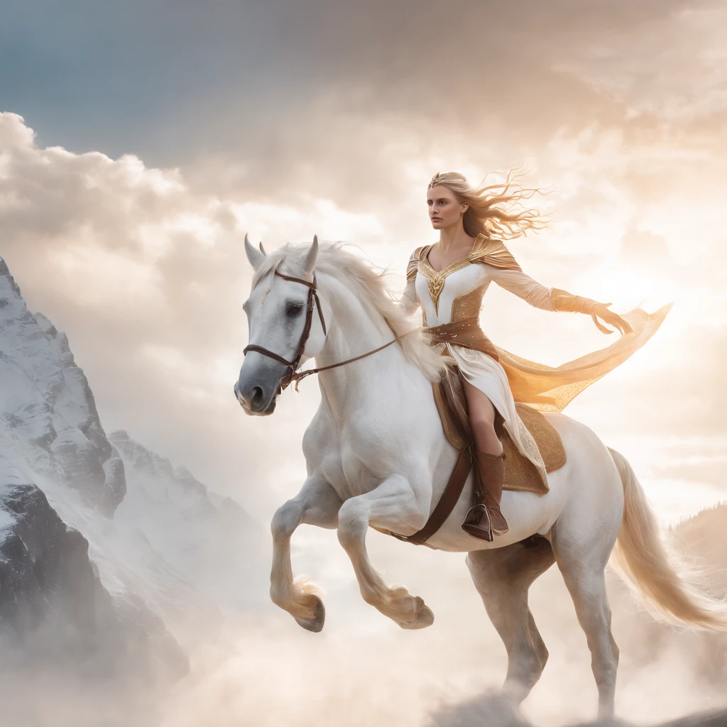 The image shows a determined queen of elves riding atop a magnificent white winged stallion through the bright, white sky. The queen's long, flowing hair glows in the sunlight as she utilizes her incredible power to shape flames with her bare hands. The stallion's wings stretch out majestically behind them as they soar through the clouds, leaving a trail of white mist in their wake. The overall effect is one of strength, power, and magic, as the queen confidently and fearlessly rides through the sky, reigning over her kingdom of elves below.