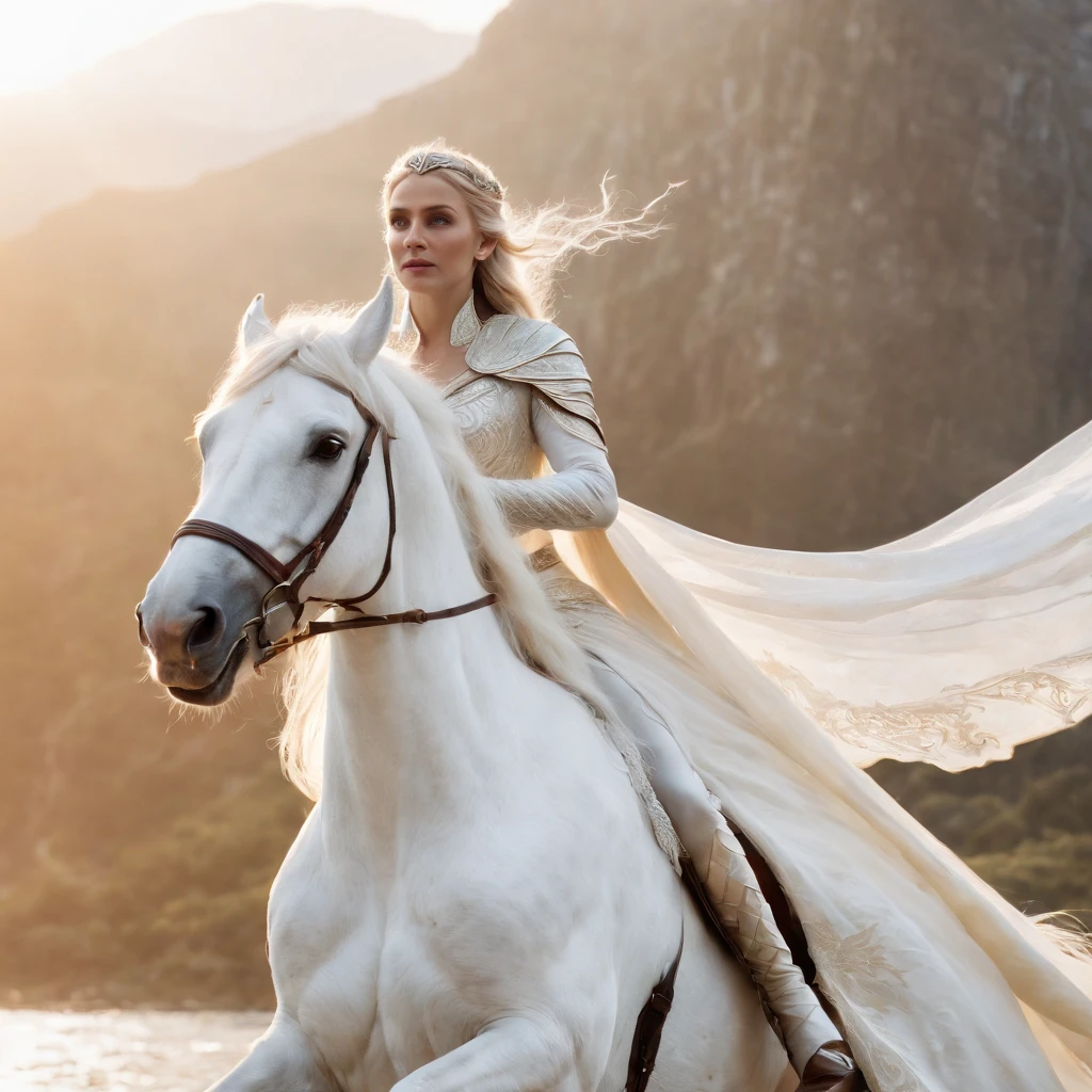 The image shows a determined queen of elves riding atop a magnificent white winged stallion through the bright, white sky. The queen's long, flowing hair glows in the sunlight as she utilizes her incredible power to shape flames with her bare hands. The stallion's wings stretch out majestically behind them as they soar through the clouds, leaving a trail of white mist in their wake. The overall effect is one of strength, power, and magic, as the queen confidently and fearlessly rides through the sky, reigning over her kingdom of elves below.