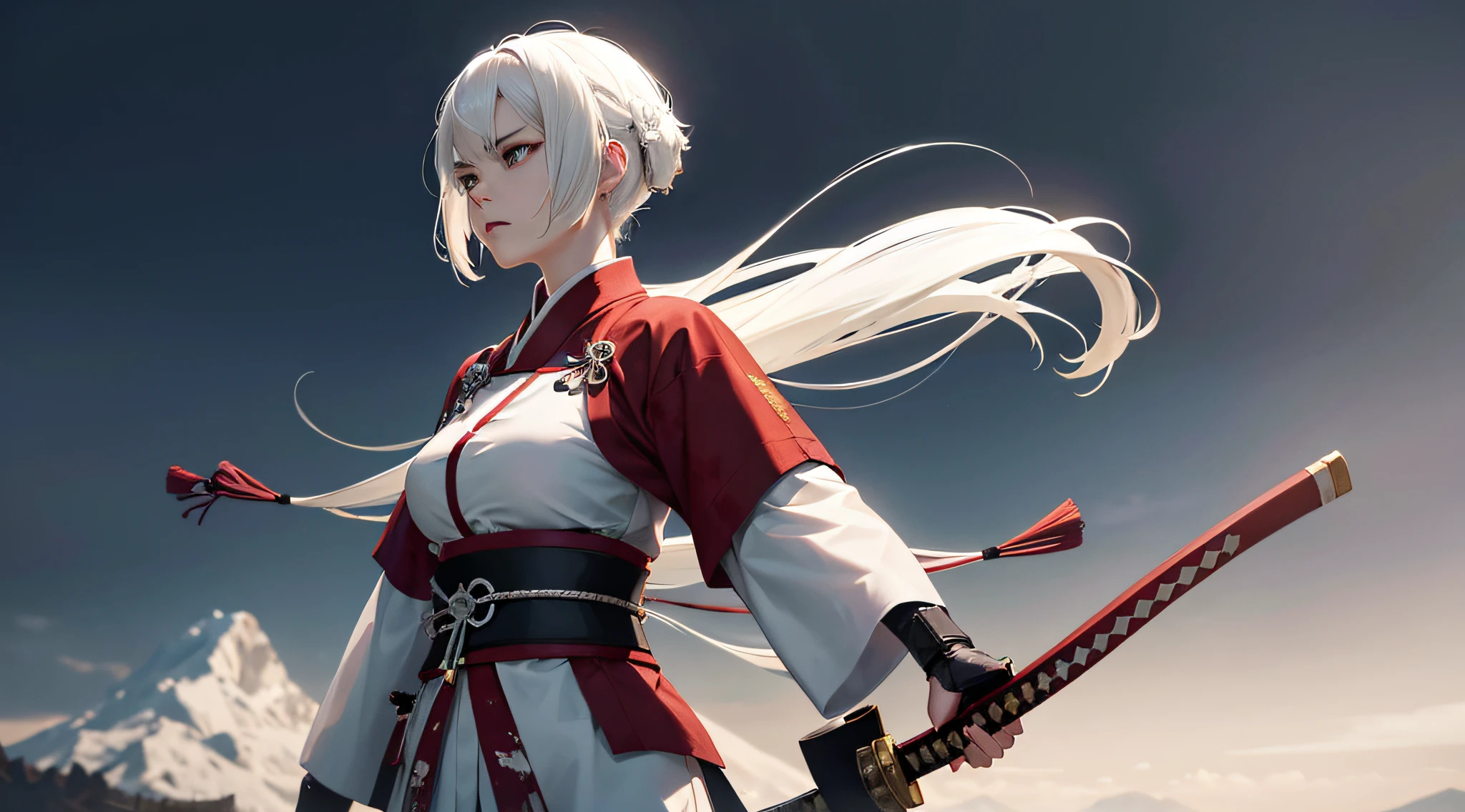 In this dramatic snapshot, a woman's short, white hair serves as a bold contrast to her traditional samurai attire, as she stands with purpose, two blood-stained katanas in hand, embodying the spirit of a warrior who has triumphed in the midst of struggle.