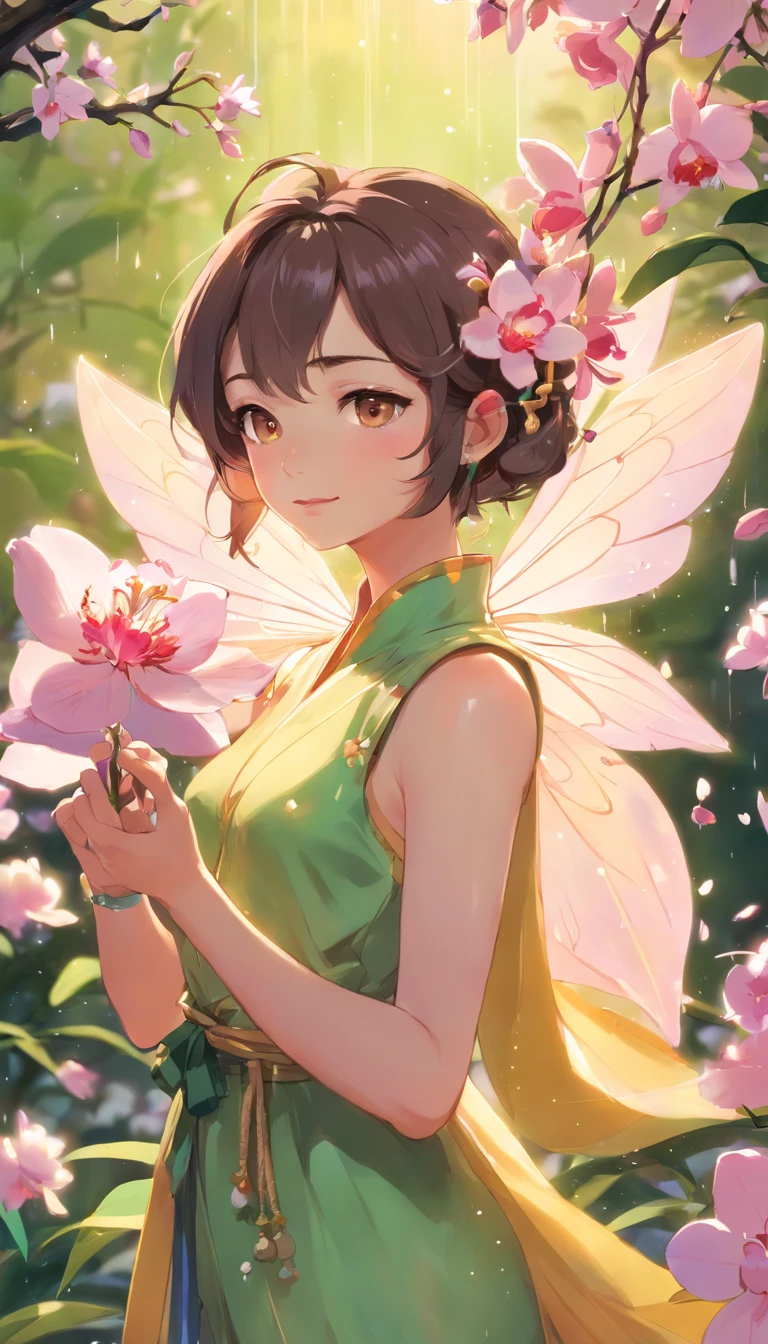 a drawing of a fairy with a rose in her hand,Asas transparentes e leves como asas de cigarra,shiny skin oil,Classic Barott style garden,Aerial view,arte conceitual,heaven,Estudo de uma fada flor, fairy aesthetics, space flower fairy, Fada, Retrato de uma fada, Retrato da fada, sorrindo como uma rainha de fadas, Rainha das Fadas, fada bonita, the non-binary deity of spring, Rainha Fada, Menina elfa vestindo um terno da flor, Semelhante a fadas,peach blossom, flor de cerejeira, orchid, jacinto, flor de ameixa, Rosa