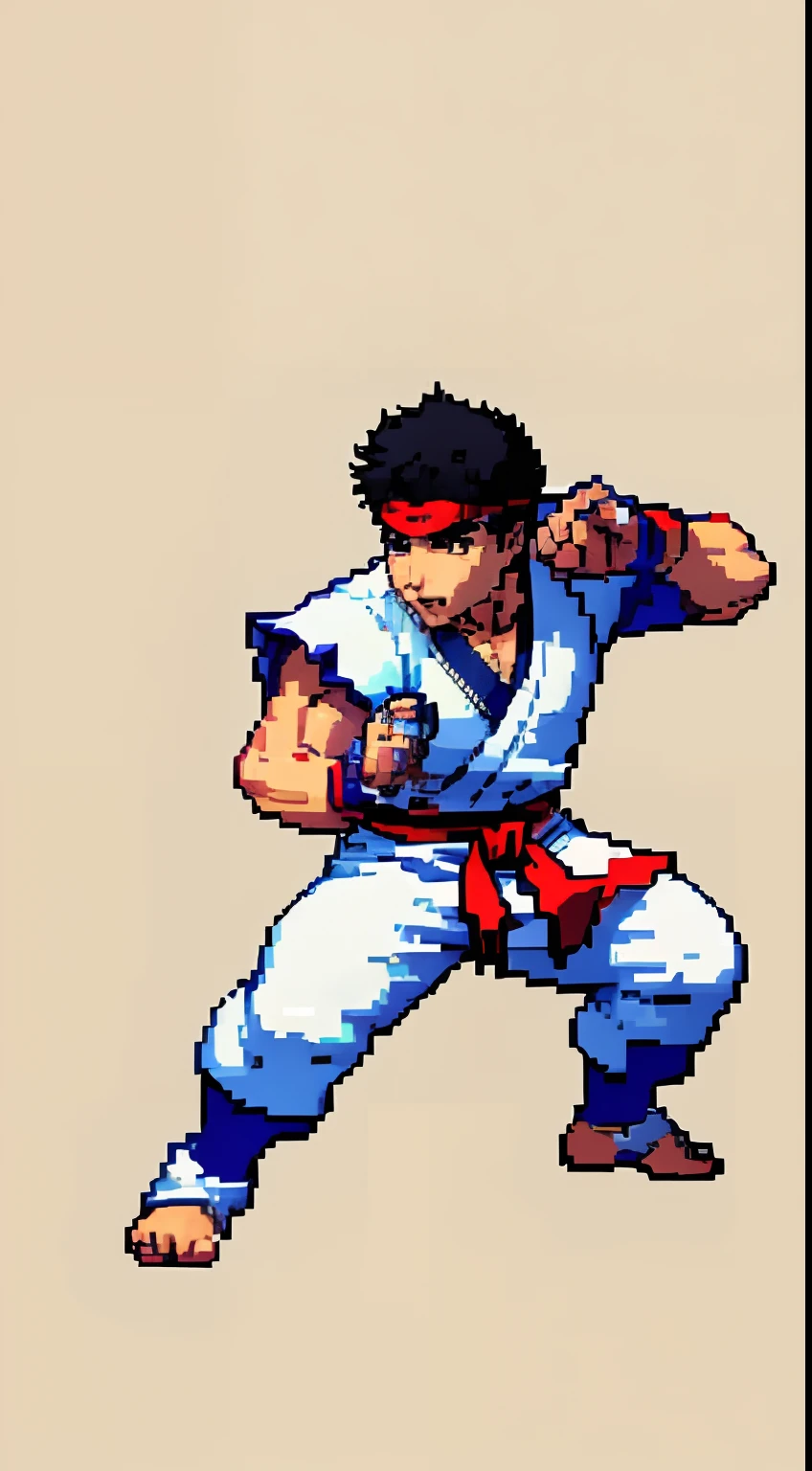 RYU \(SF\), BLACK HAIR , RED HEADBAND, DOUGI, WHITE PANTS, FINGERLESS GLOVES, pixel art,street fighter, old game, game style, fighitng, punch, aura