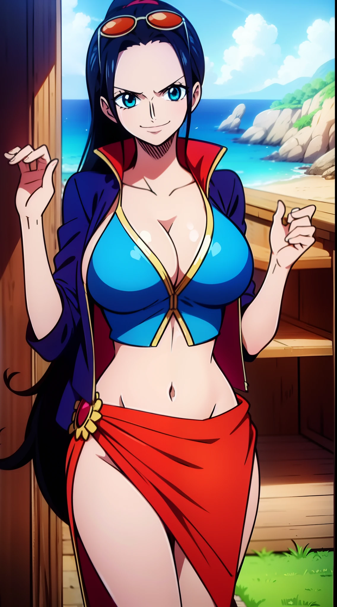 Robin de One Piece, sexy pose, What if , Elly, Red sari, 8k, anime, Shore, Big Boob, large ass, Perfect sexy looks quality blue eyes Nico Robin, 1girl, aqua eyes, Black hair, breasts, cleavage, closed mouth, collared jacket, cowboy shot, crop top, Cropped jacket, Extra hands, eyewear on head, hair slicked back, hand up, High collar, jacket, big breasts, long hair, looking at the scenes, midriff, Navel, plunging neckline, posing, sarong, short sleeves, smile, 独奏, Standing, stomach, sunglasses, very long hair, outdoors, sea, Ships high heels legs full body lipstick ponytail