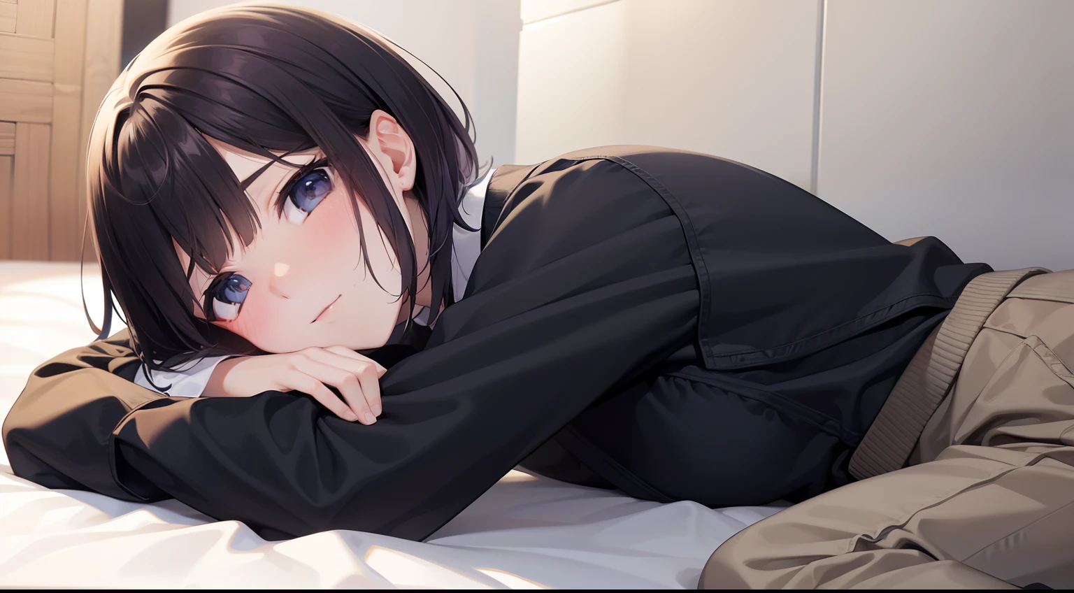 Lying face down、Stick your hands out towards you、short-cut、blouse、trouser