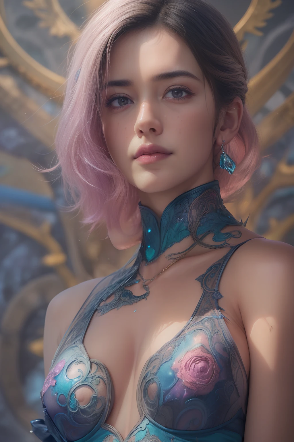 From Side, Photorealistic, Official art, Unity 8k wallpapr, 8K Portrait, Best Quality, Very high resolution, (Incredibly beautiful nature background:1.6), One girl, One beautiful age Italian girl, sixteen years old, Obscene, (Sexy and glamorous:1.1), (A coquettish expression:1.6), (small breasts with raised pink areolas:1.6), Vulgarity, (seductively smiling:1.2), (full body1.0), (erotic posing:1.5), (Magic Attack Pose:1.6),(magical effects like sparkles or energy:1.5), (Electric shock from hands:1.1), (Detailed blue bodysuit with beautiful fractal or marble design:1.5), (Beautiful and d delicate ruby, topaz, emerald and sapphire jewelry:1.45), Beautiful seductive face, Portrait, (Thick eyebrows:1.2), (Big purple eyes:1.2), Beautiful eyes with fine symmetry, (ultra detailed eyes:1.4), (High resolution eyes:1.1), Intimate face, (ultra detailed skin texture:1.4), white skin, pale skin, Perfect Anatomy, Thin, (Beautiful toned body:1.1), Hair Bow, (Moist skin:1.1), full of sweat, No makeup, dark circles, Good anatomy, Focus Face, good looking, (Emilia Clark:0.6) (Emma watson:0.3),(Jennifer Connelly:0.4), (sensual face:1.5), Elegant face, Nice, Dolce, Cyberpunk Sci-Fi, (Gauntlets with intricate and beautiful designs:1.2), Blurred background, Blurred foreground, depth of fields, (Motion Blur:1.1), Complex and colorful biomechanical bodysuit, Zentangle, mandalas, Entangled, (Small breasts:1.2), Sheer breast, (Beautiful :1.2), (NSFW:1.2), large hips, drivel, Juice stain, grabbing on breasts