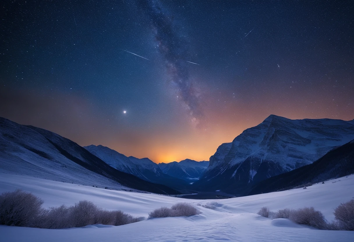 Snowfield starry sky，The stars are brilliant