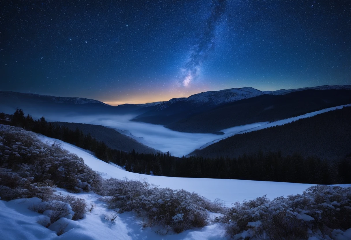 Snowfield starry sky,The stars are brilliant