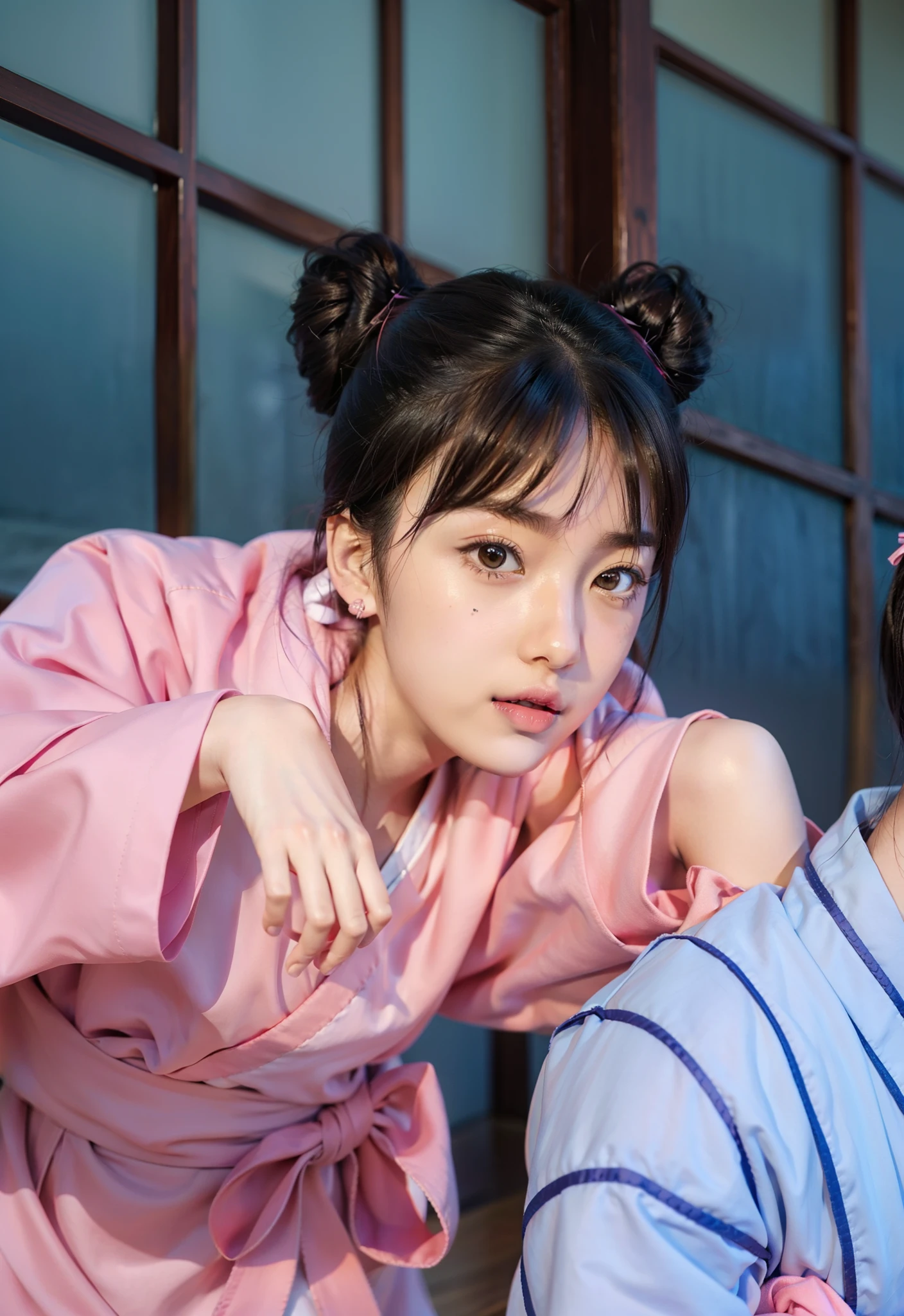 Real life adaption of this character,her name is tenten from anime Naruto,hyper realistic,realistic pink kimono with ribbon belt around her waist,Japanese beauty face,realistic light,realistic shadow,realism,realistic hair,(photorealistic:1.2)