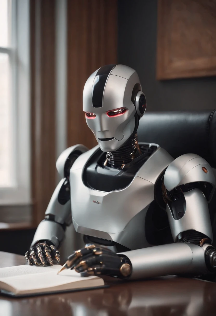 A futuristic robot, sitting at a desk with a pen in his hand, escrevendo no livro, na sala com livros, wide vision, ultra realista, altamente detalhado, pintura digital, arte conceitual, suave, foco nítido, tiro grande angular