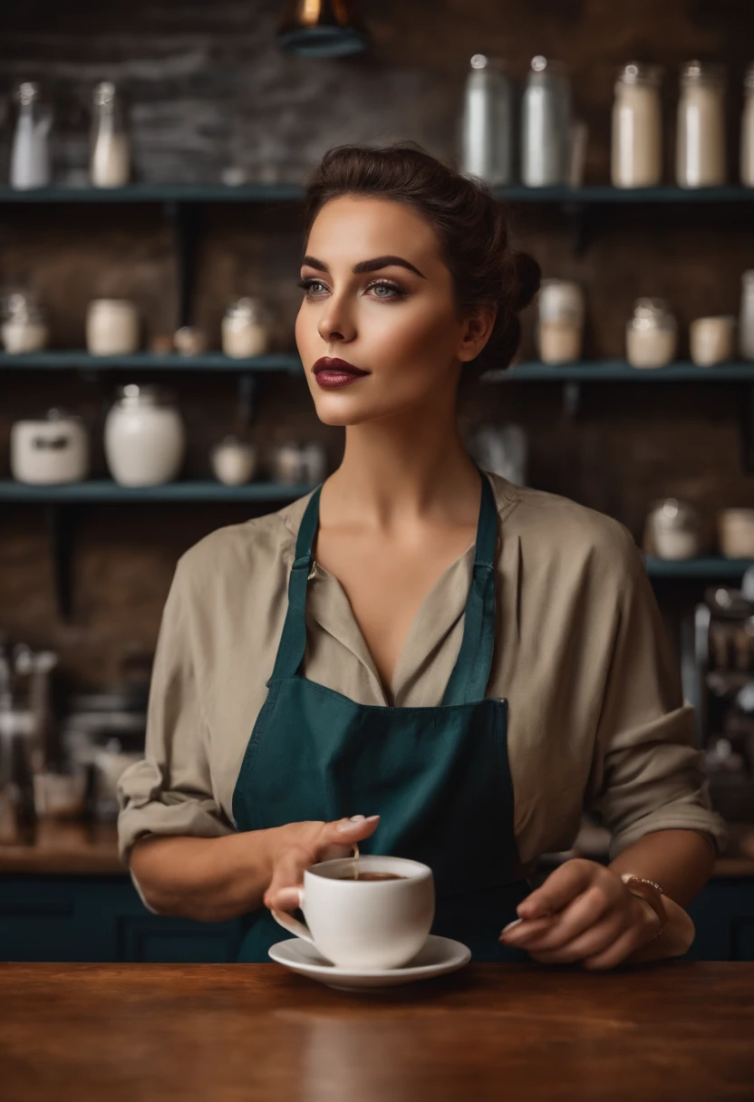 Barista feminina,Segurando um frasco de creme para o rosto e se maquiando Estilo vintage Estilo de pintura realista
