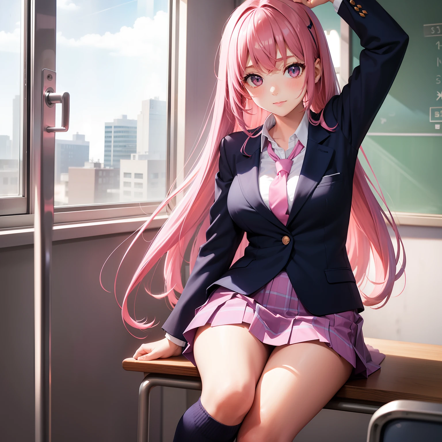 High School Girl, Dark blue blazer, Pink Super Mini Skirt, Pink tie, knee high socks, Long pink hair, Solo, School Classroom, Looking at Viewer, Front view,