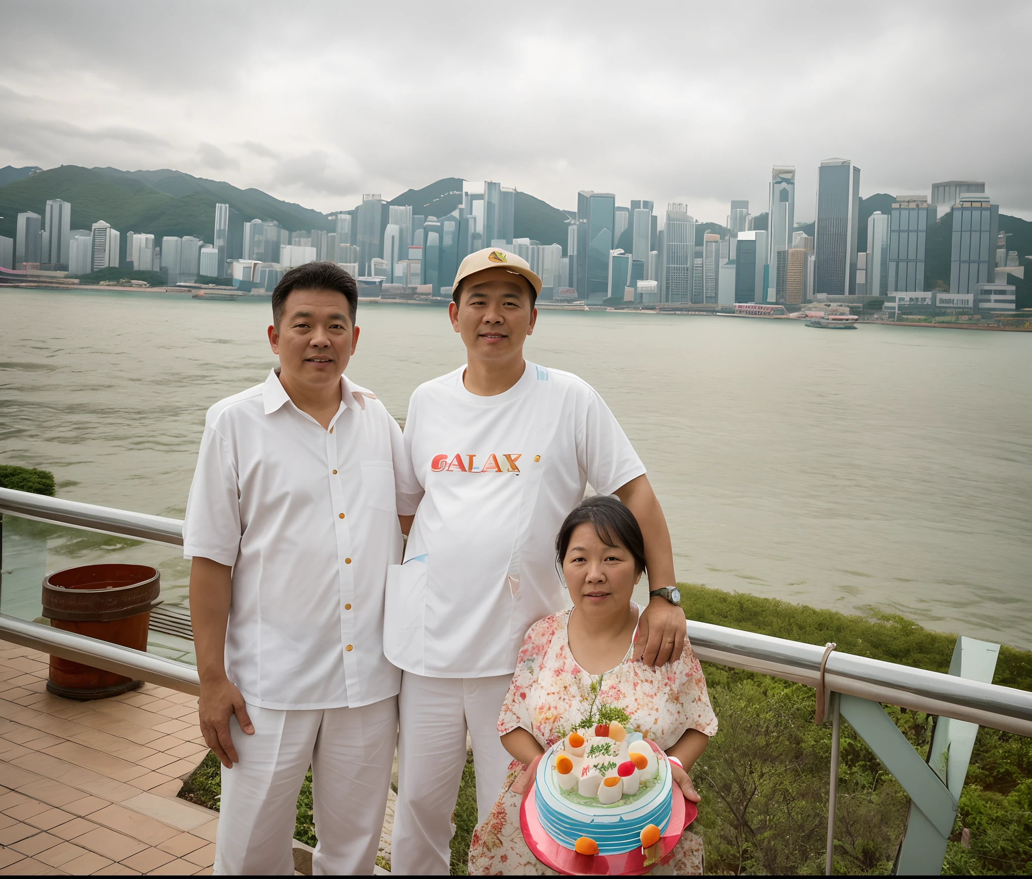 there are two people a man standing next to a woman holding a cake, in hong kong, happy birthday, happy family, post processed denoised, photo taken in 2 0 2 0, postprocessed), postprocessed, with mountains in the background, a colorized photo, vacation photo, kowloon, viral photo, kakar cheung, with a ((garden in the background))