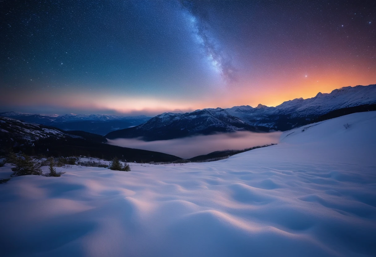 Snowfield starry sky，The stars are brilliant