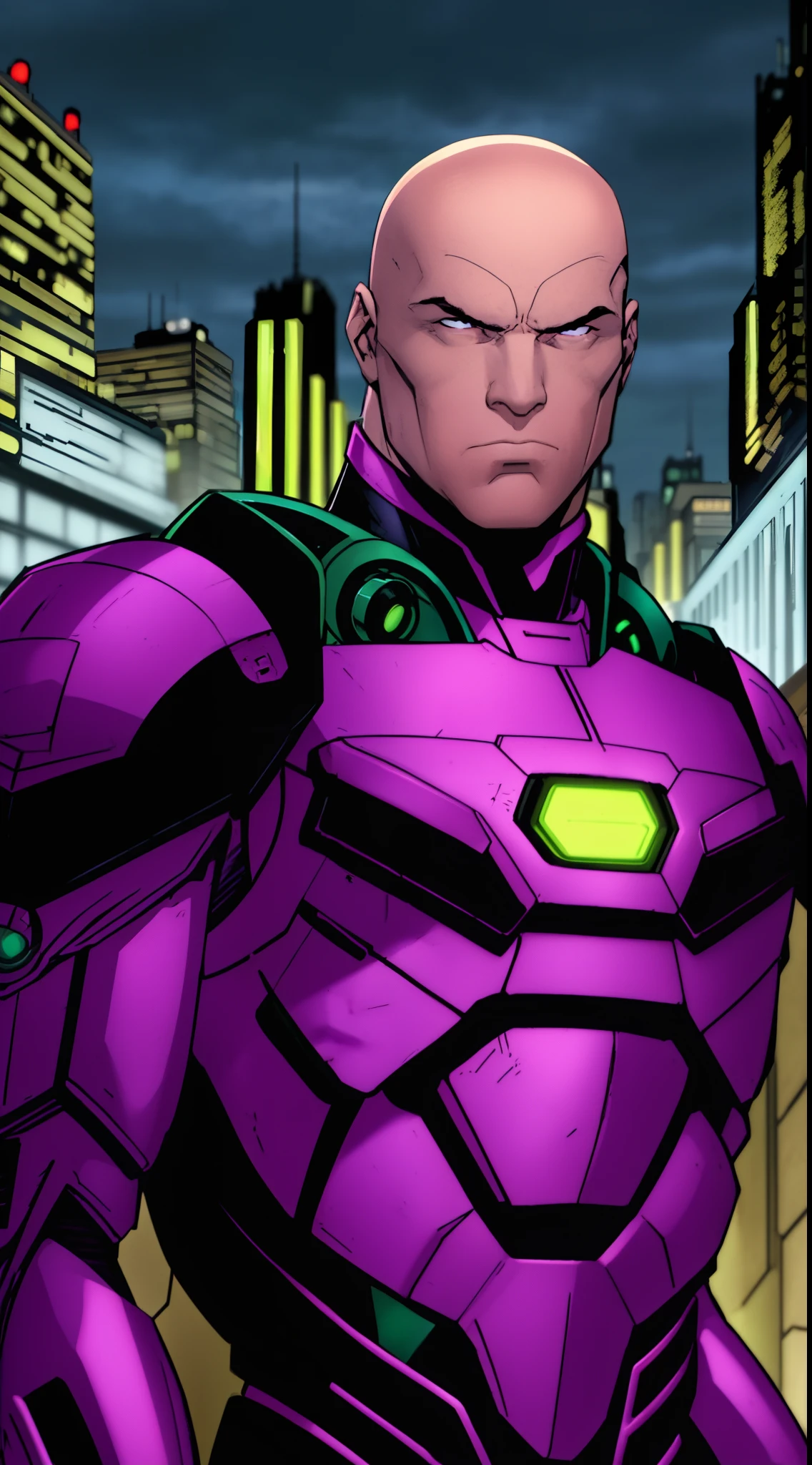 1 man, solo, upper body shot, Lex Luthor, middle-aged man, tall, bald head, square jawline, lean muscle, broad shoulder, emotionless face, bald head, no hair, wearing a giant dark dark purple and neon green high tech mech warsuit lines, Metropolis city in the background, dusk,