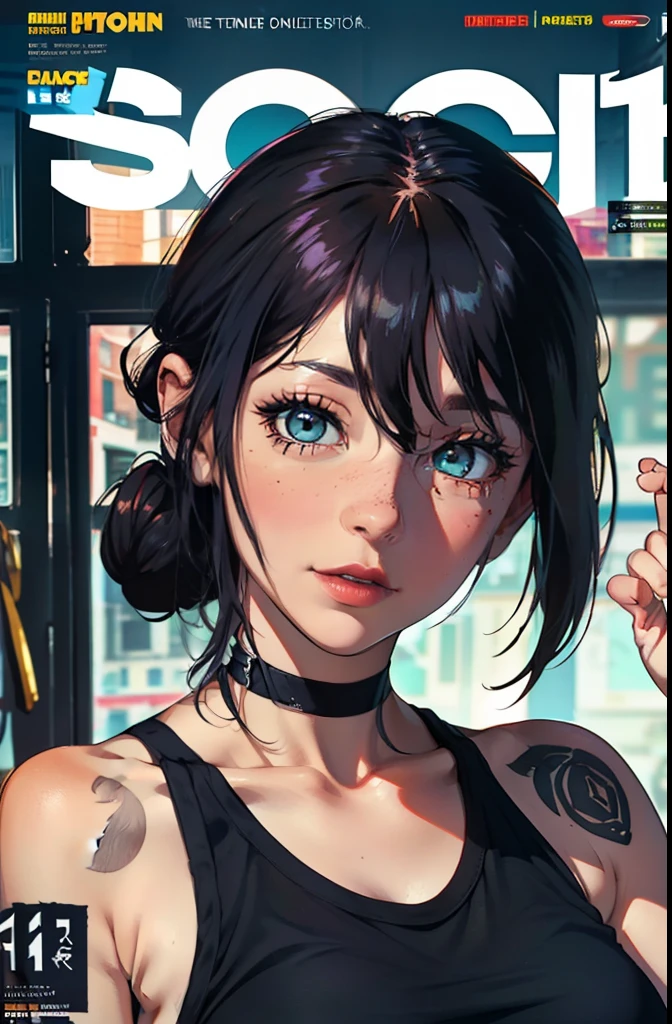 (masuter piece,Best Quality,Ultra-detailed), (A detailed face), Women with high-quality tattoos, 1womanl, (front-facing view), A dark-haired, Blue eyes, Tank tops, Middle chest, Healthy,overmatch,Military Personnel(Beautiful Detail Eye: 1.1), (Detailed hand), (Detail light: 1.1), Film Light, Skin type, (looking at the viewers), (magazine:1.3), (cover-style:1.3),window, a closeup,portlate