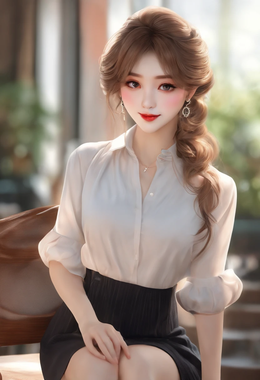 (high quality,4k,8k,highres,masterpiece:1.2),ultra-detailed,(realistic,photorealistic,photo-realistic:1.37),portraits,beautiful detailed eyes,beautiful detailed lips,long hair,uniform, girls,girl with long hair in casual dress sitting on a coffee shop, gesture,Mare,professional,vibrant colors,soft lighting,subtle shadows,messy bun,hair strands,buttoned-up shirt,pleated skirt,light breeze,stunning graceful posture,confident expressions,expressive eyes,curvy eyelashes,subtle blushing,sparkling highlights,sharp details,soft skin,precise shading,luminous atmosphere,dynamic composition,realistic rendering,sublime artwork, small rounded eyes, Chinese teen, alluring small rounded eyes glossy pink lips, alluring cute smile, show crossed legs, small rounded eyes