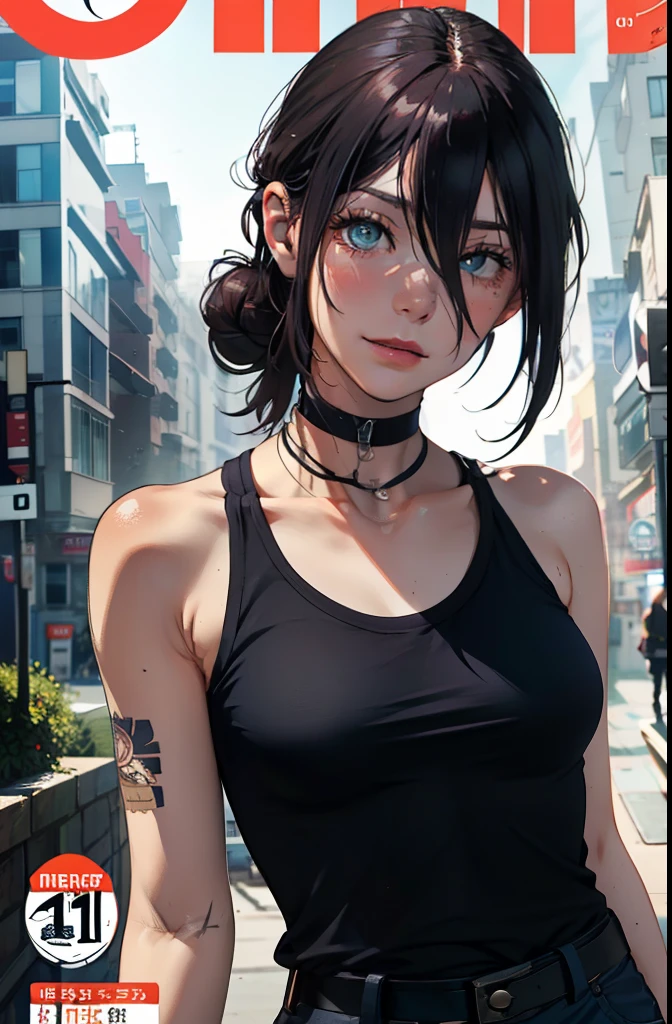 (masuter piece,Best Quality,Ultra-detailed), (A detailed face), Women with high-quality tattoos, 1womanl, (front-facing view), A dark-haired, Blue eyes, Tank tops, Middle chest, Healthy,overmatch,Military Personnel(Beautiful Detail Eye: 1.1), (Detailed hand), (Detail light: 1.1), Film Light, Skin type, (looking at the viewers), (magazine:1.3), (cover-style:1.3),window, a closeup,portlate