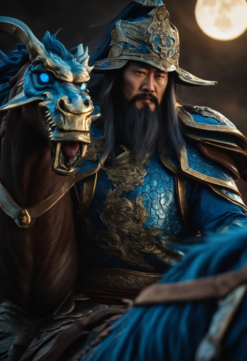 Guan Yu held the Blue Dragon Moon Saber,riding a sweaty BMW。majestic-looking。 three sided view, Sony FE, hyper HD, A high resolution, 8K