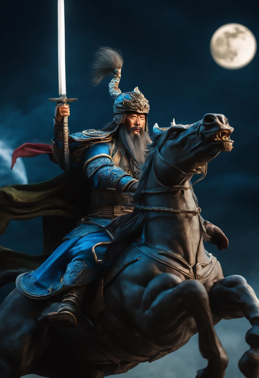 Guan Yu held the Blue Dragon Moon Saber，riding a sweaty BMW。majestic-looking。 three sided view, Sony FE, hyper HD, A high resolution, 8K